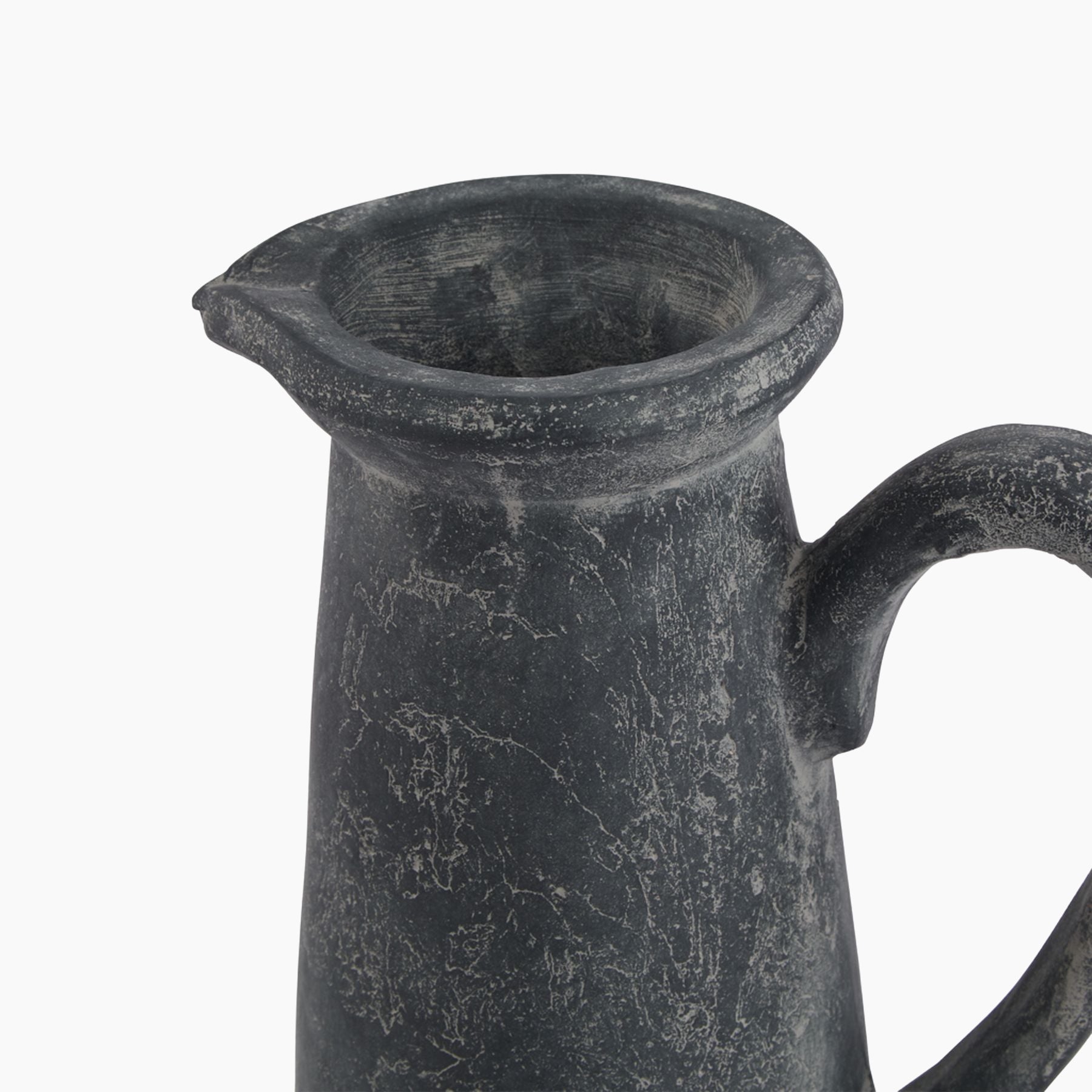 Angled view of tall grey ceramic jug vase with sculptural handle, Ashbury series.