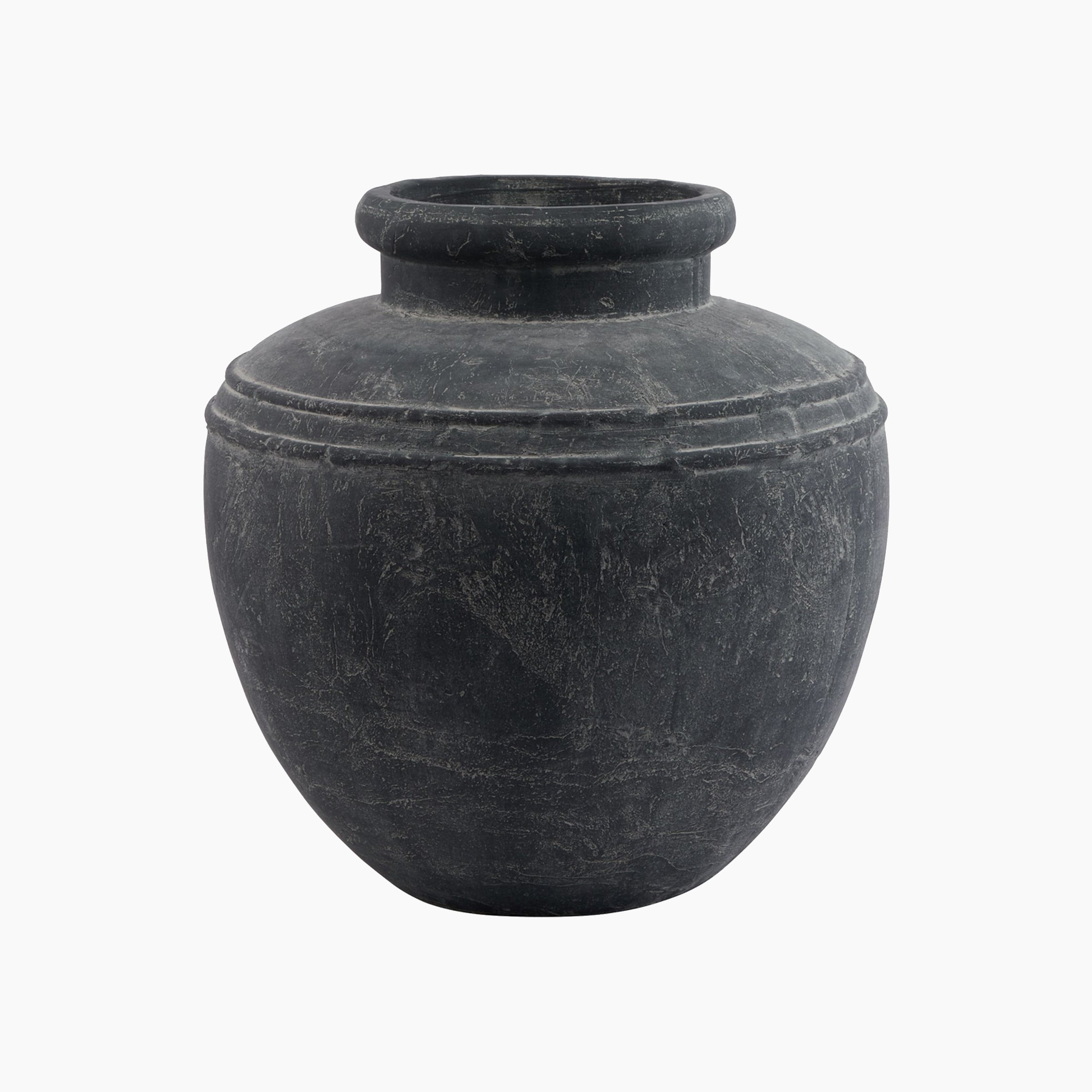Front view of the Ashbury Stoneware Water Pot Planter in slate grey, showing its wide rounded body, short neck, and sculptural ceramic form with a matte finish.