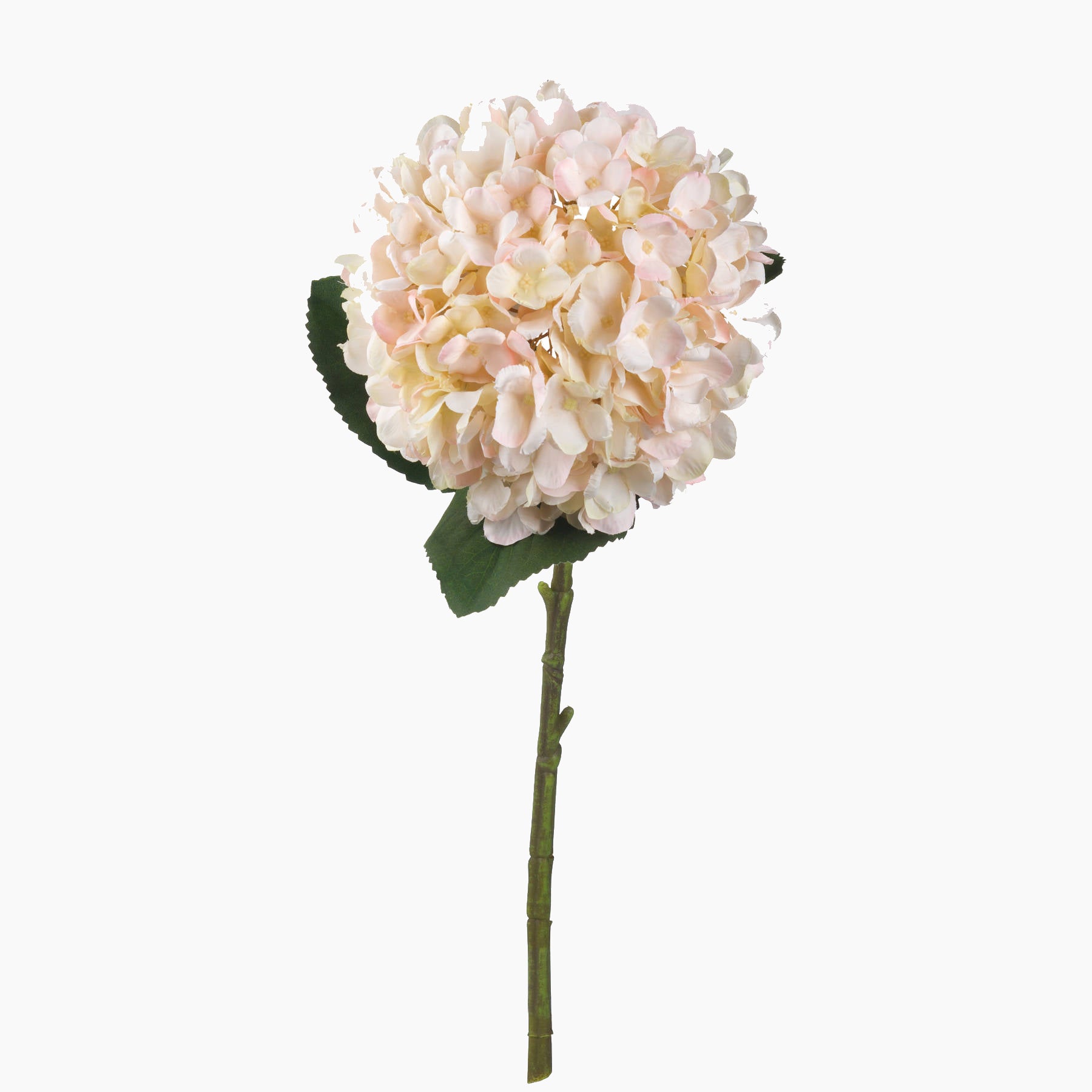 Front-facing view of single faux hydrangea stem with layered petals and long stem
