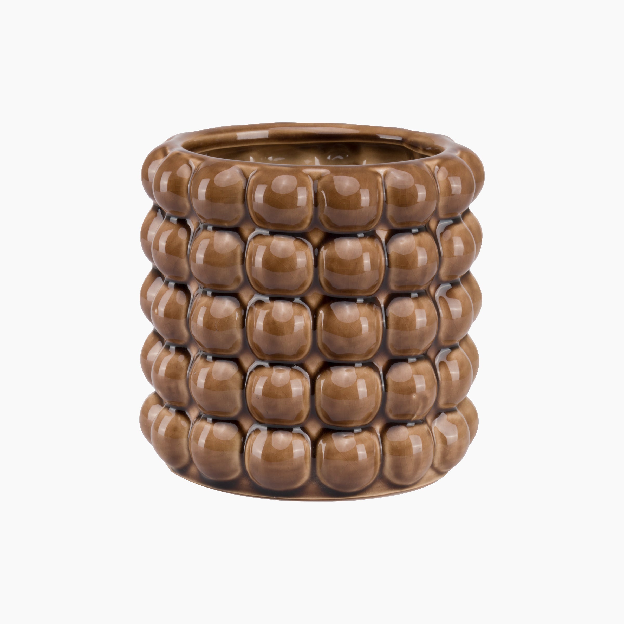 Front view of the Burwell Caramel Bubble Planter, showing its rounded stoneware form with raised bubble texture and a burnished caramel glaze finish.