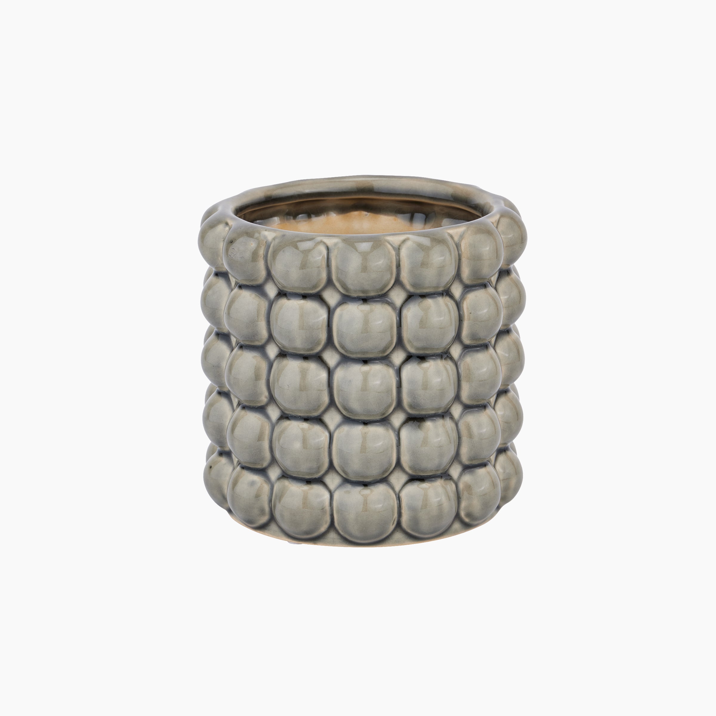 Burwell Stoneware Bubble Planter in matt grey finish, front view showcasing its rounded bubble form and sculptural surface texture.