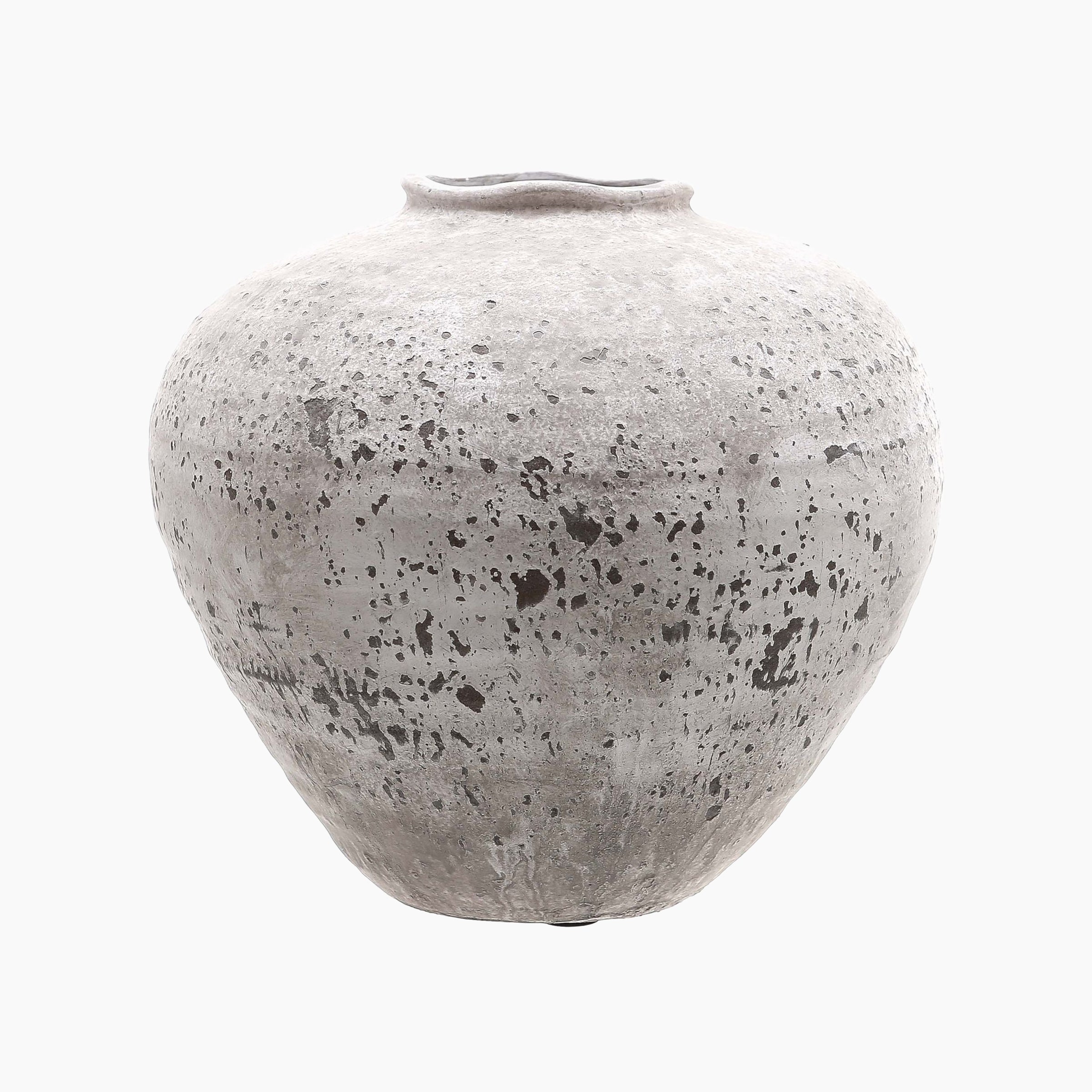 Front view of the Harling Wide Round Stone Ceramic Vase, showing its crater-textured ash fossil surface and rounded sculptural form with a narrow mouth.