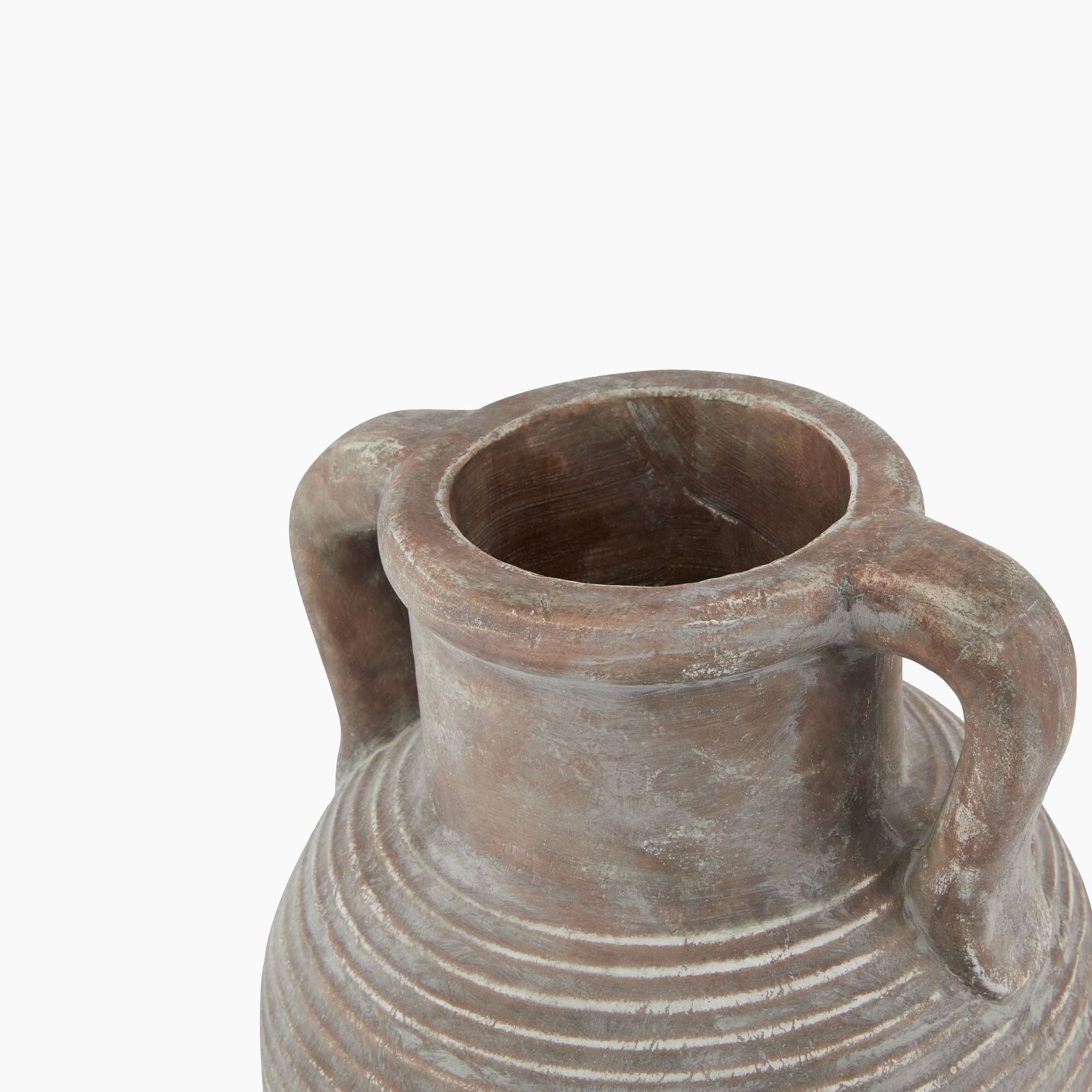 Overhead studio view of the Lowther Brown Amphora Planter showing its wide, open mouth and thick rounded rim, finished in a rich, unglazed brown stoneware.