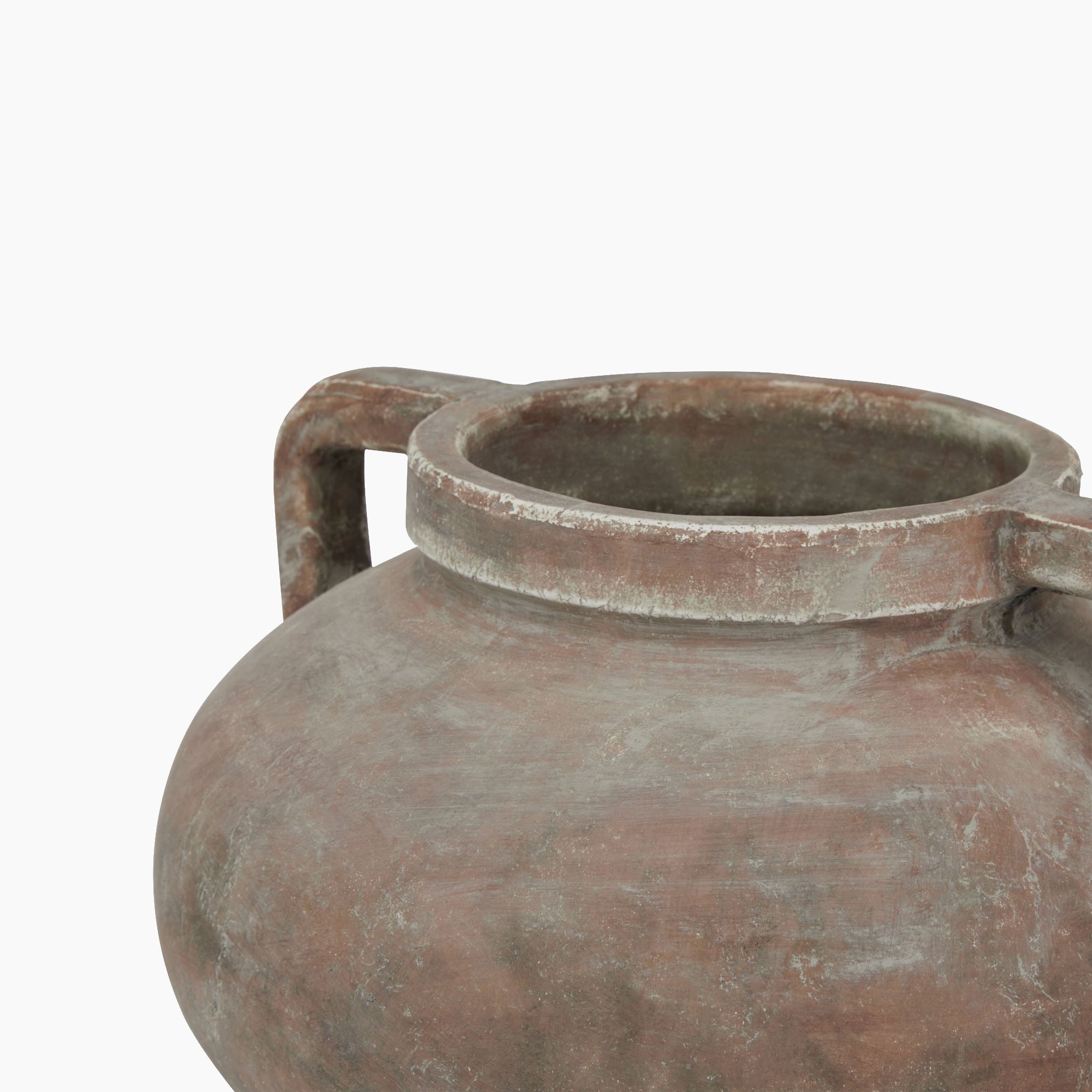 Top-down studio view of the Lowther Compact Amphora Stoneware Planter – Brown, highlighting the inward curve of its amphora neck and the natural brown glaze detailing around the rim.