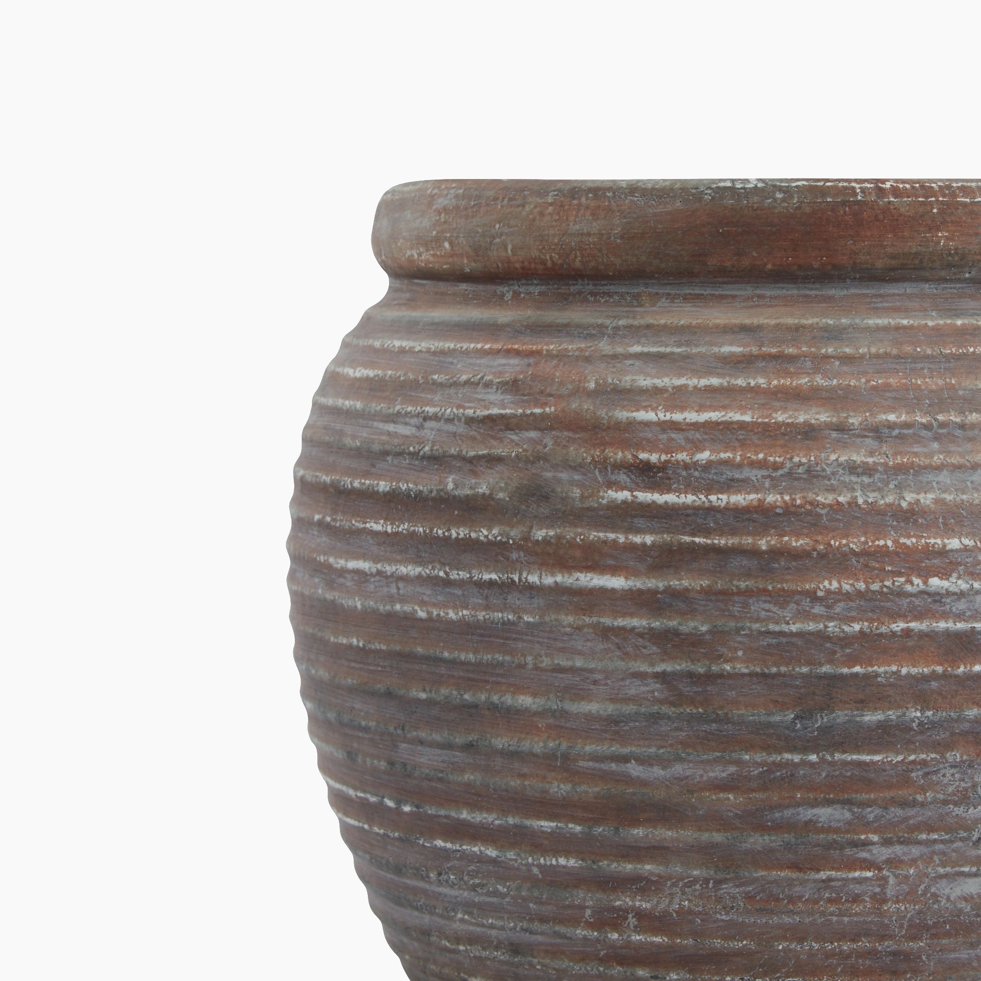 Side profile of the Lowther Ribbed Stoneware Plant Pot – Wide Rim, showing its vertical ribbed texture, rich brown glaze, and subtly tapered pot form.
