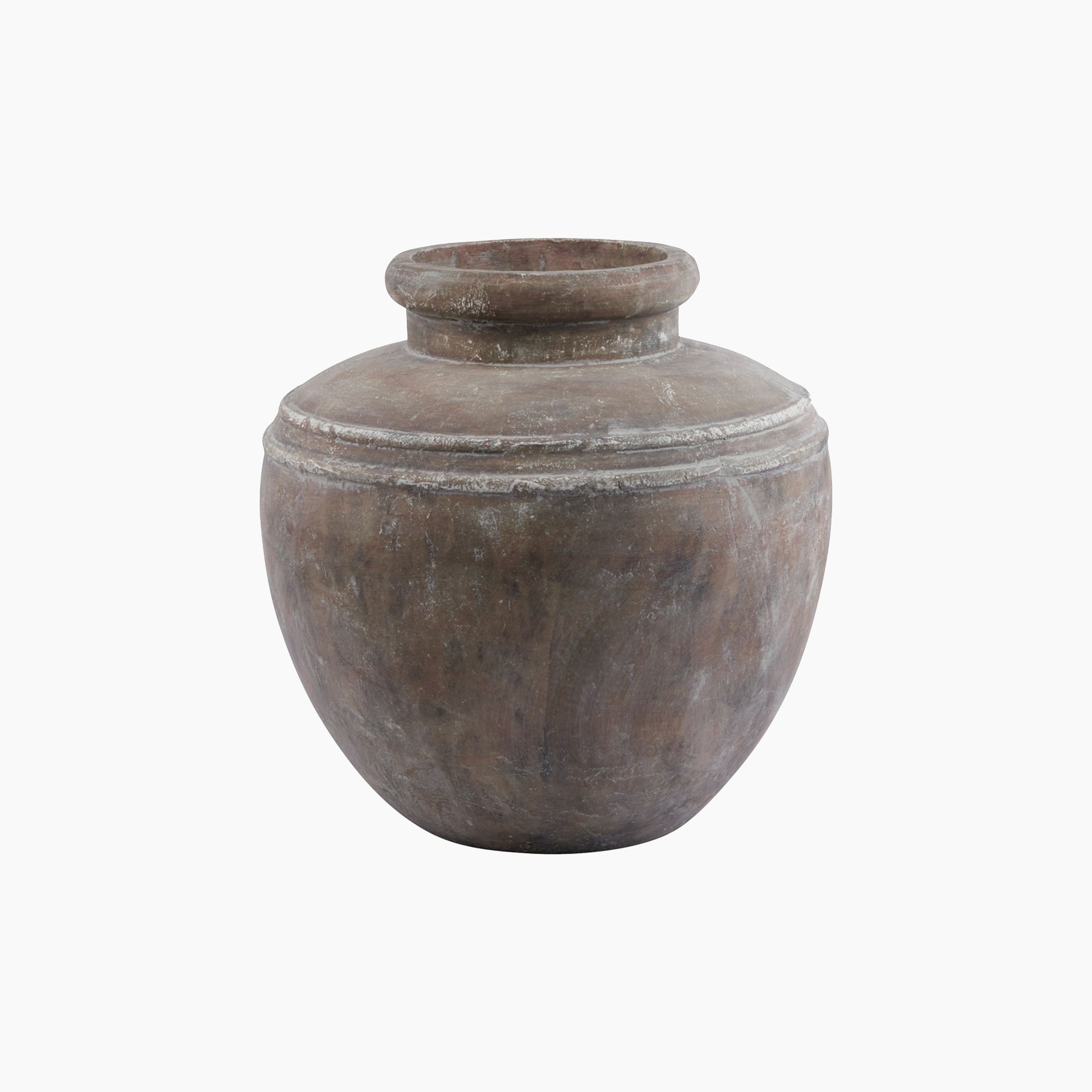 Front view of the Lowther Stoneware Water Pot Planter in earth-toned brown, showing its rounded body, wide neck, and thick-walled ceramic construction with a soft matte finish.