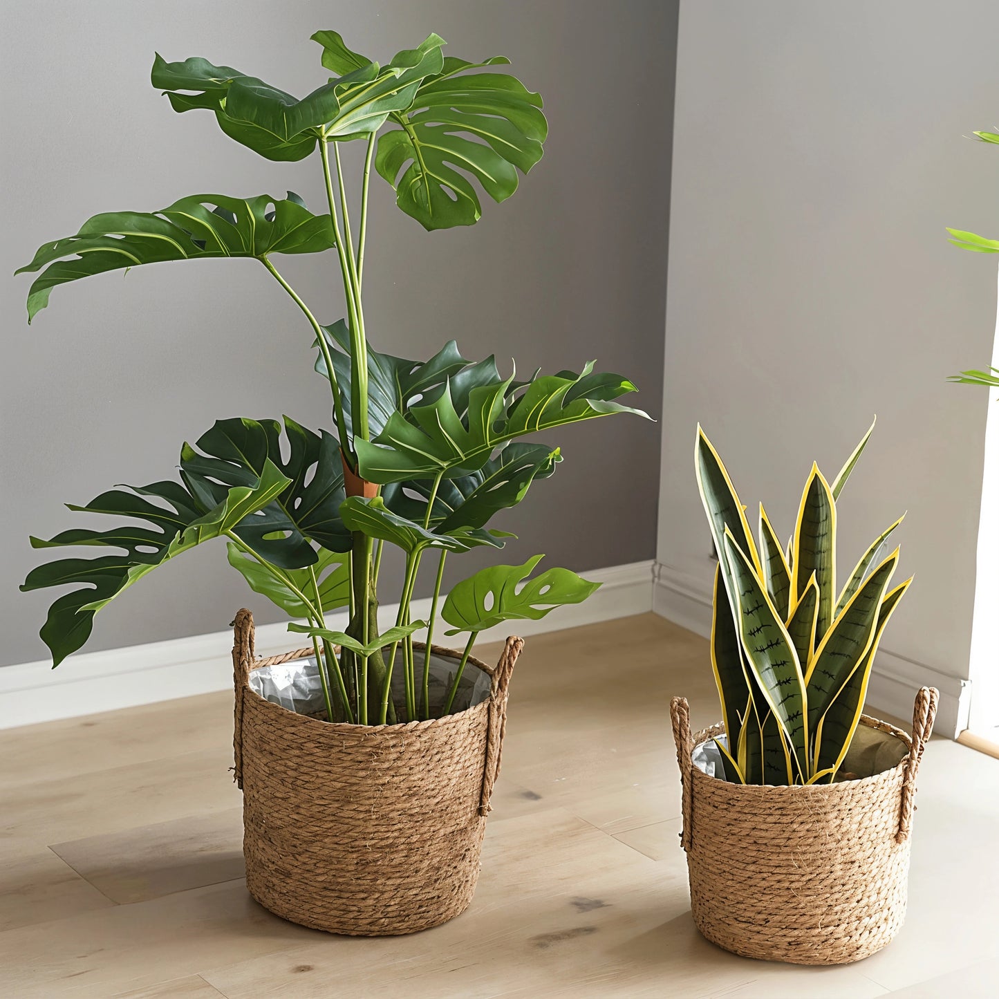 large and small rattan storage basket doubled up as a planter for large green plants