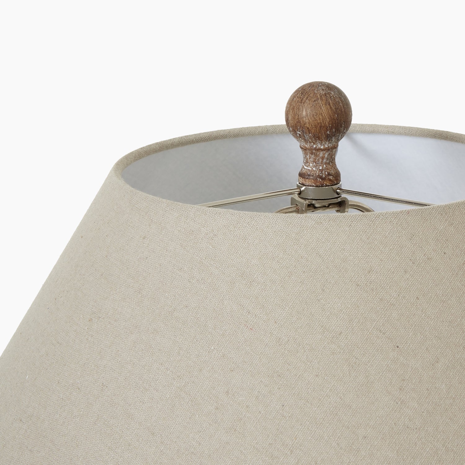Top-down view of table lamp revealing circular linen shade and lamp proportions