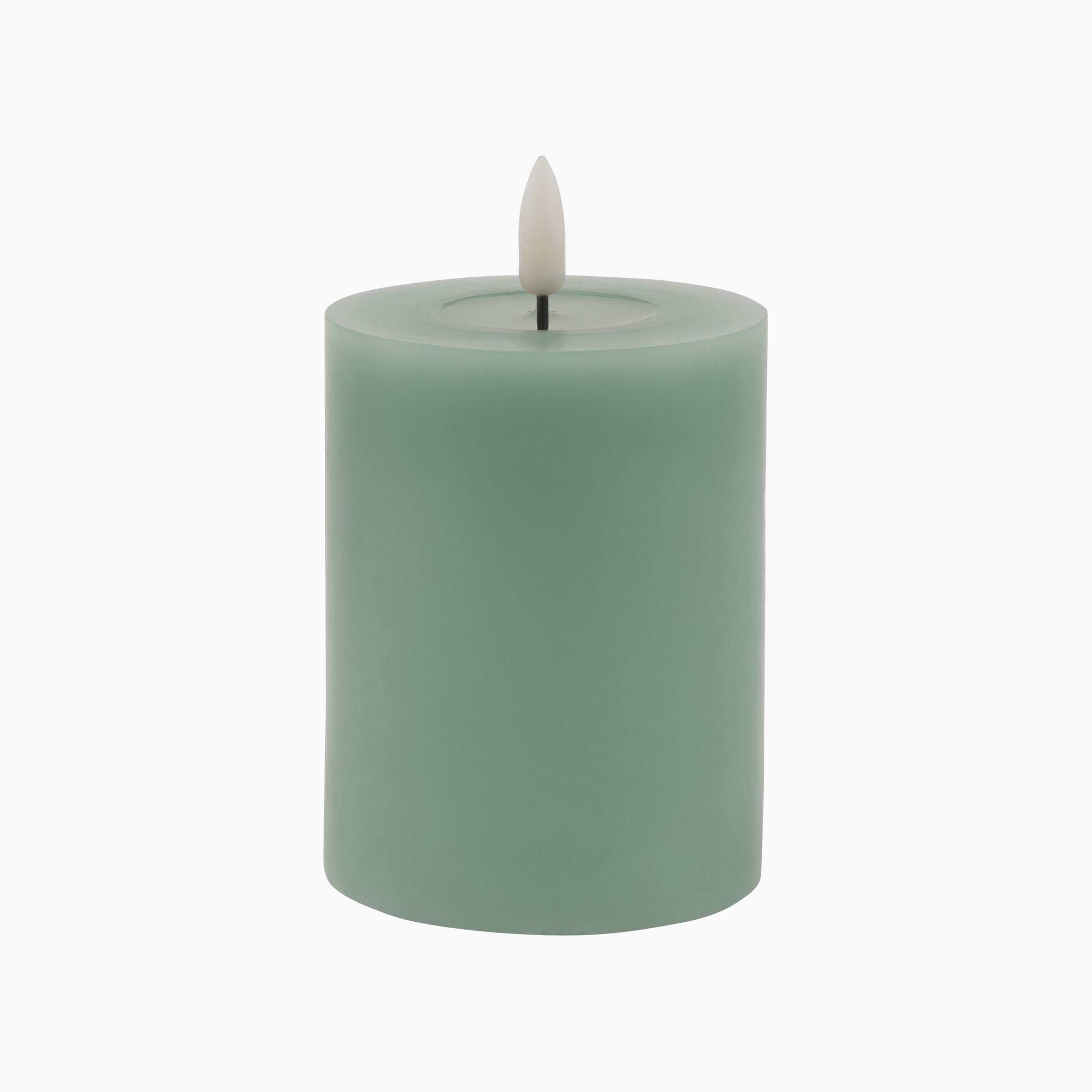 Signature Melt-Effect Sage LED Candle on a white background, showcasing the smooth wax shell, realistic melt-effect drips, and unlit LED core.