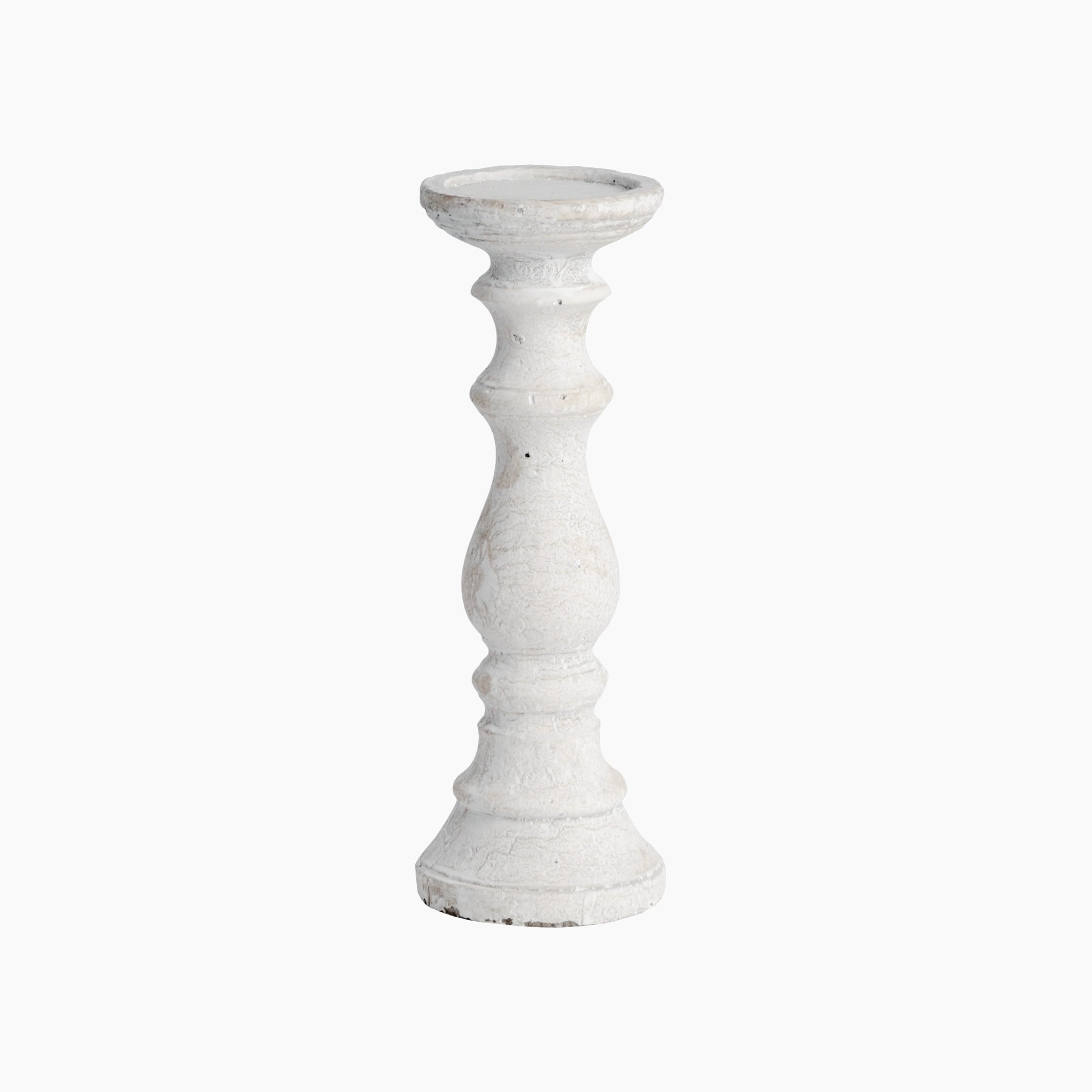 Front view of solid chalk-white stone pillar candle holder showing matte finish and 30 cm height