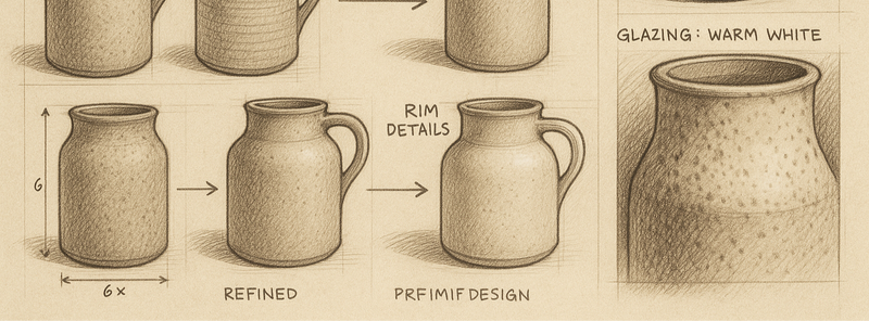 sketches of stoneware vase designs showcasing the iterative process
