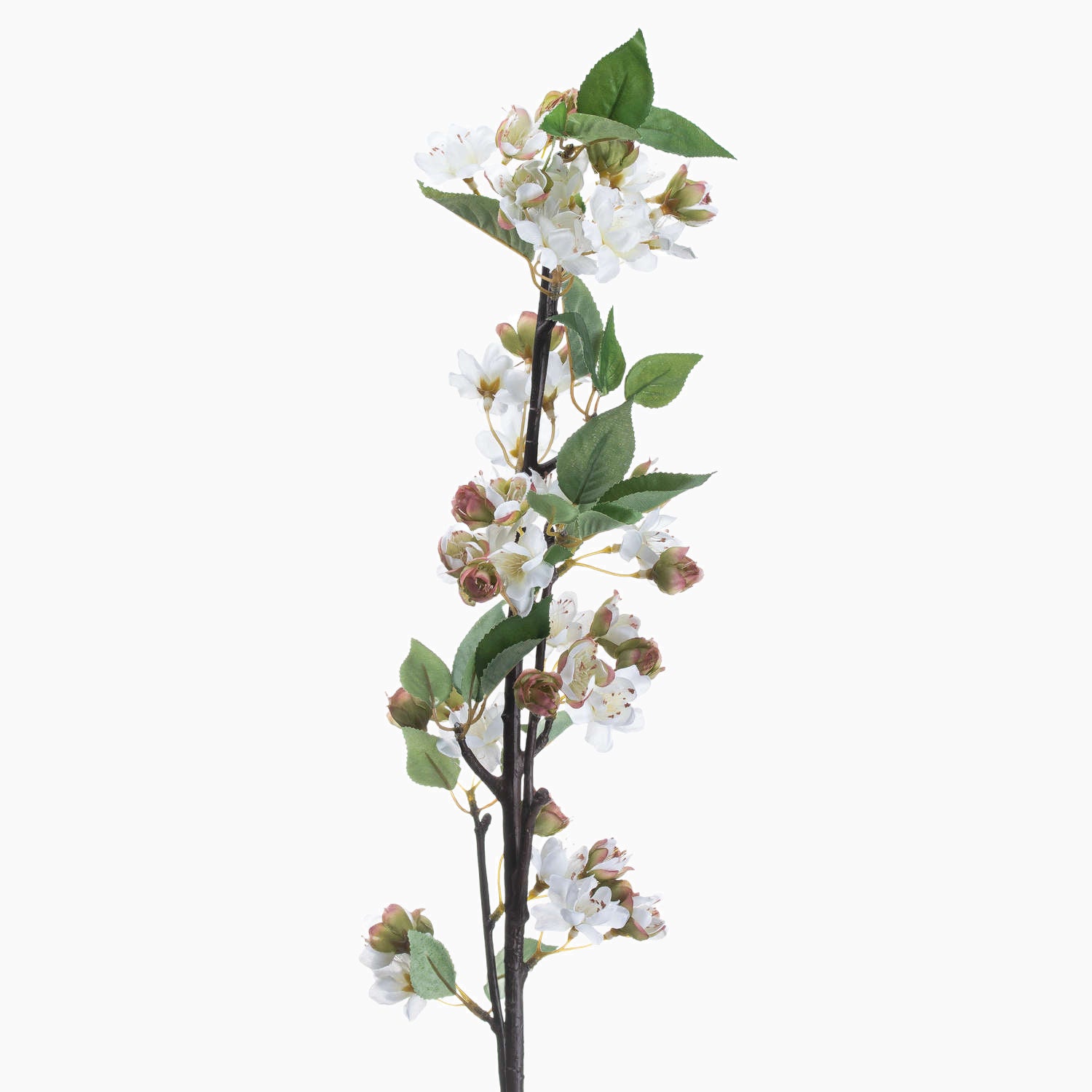 Full view of tall faux blossom stem with arched silhouette against neutral background