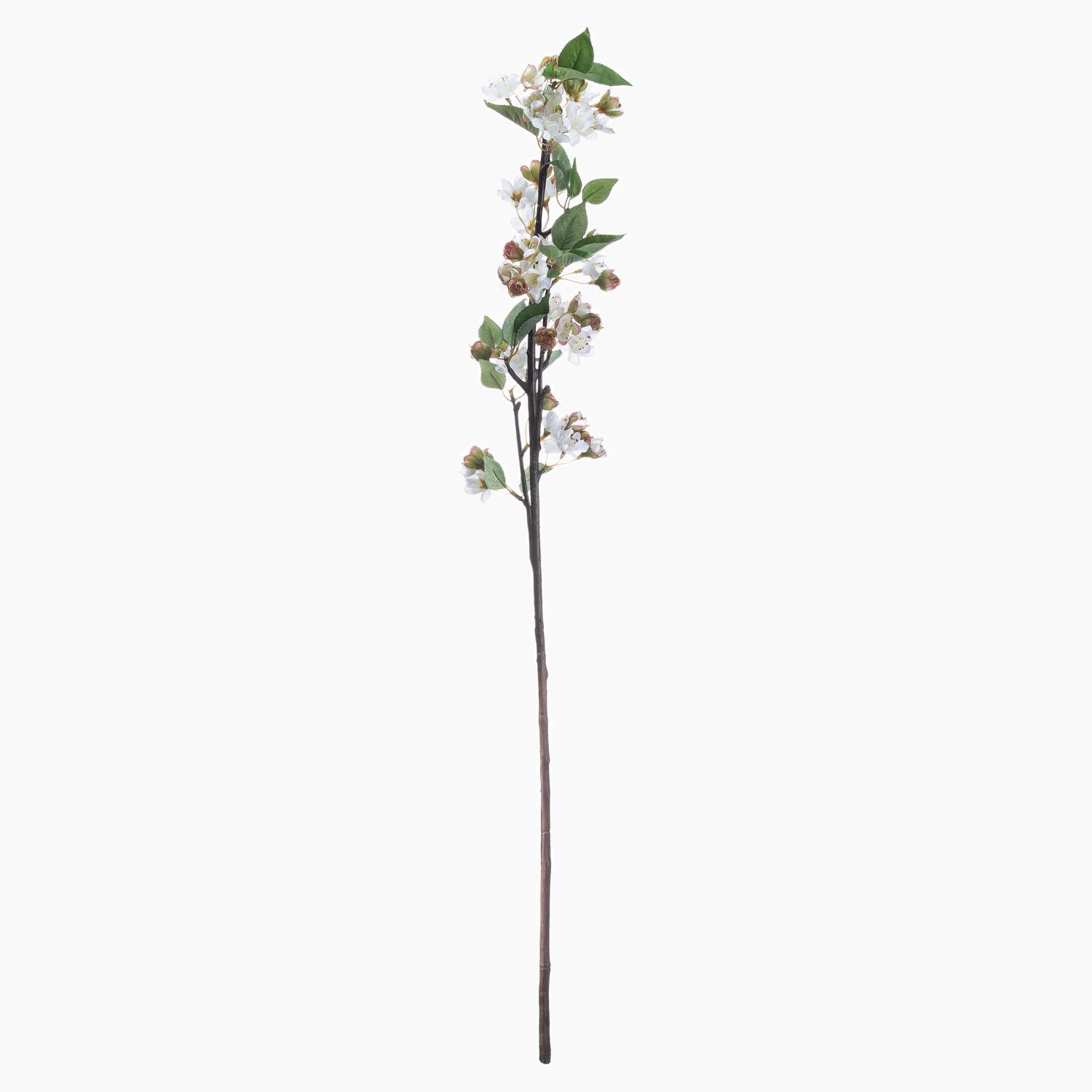 Single faux white cherry blossom branch leaning against a neutral wall