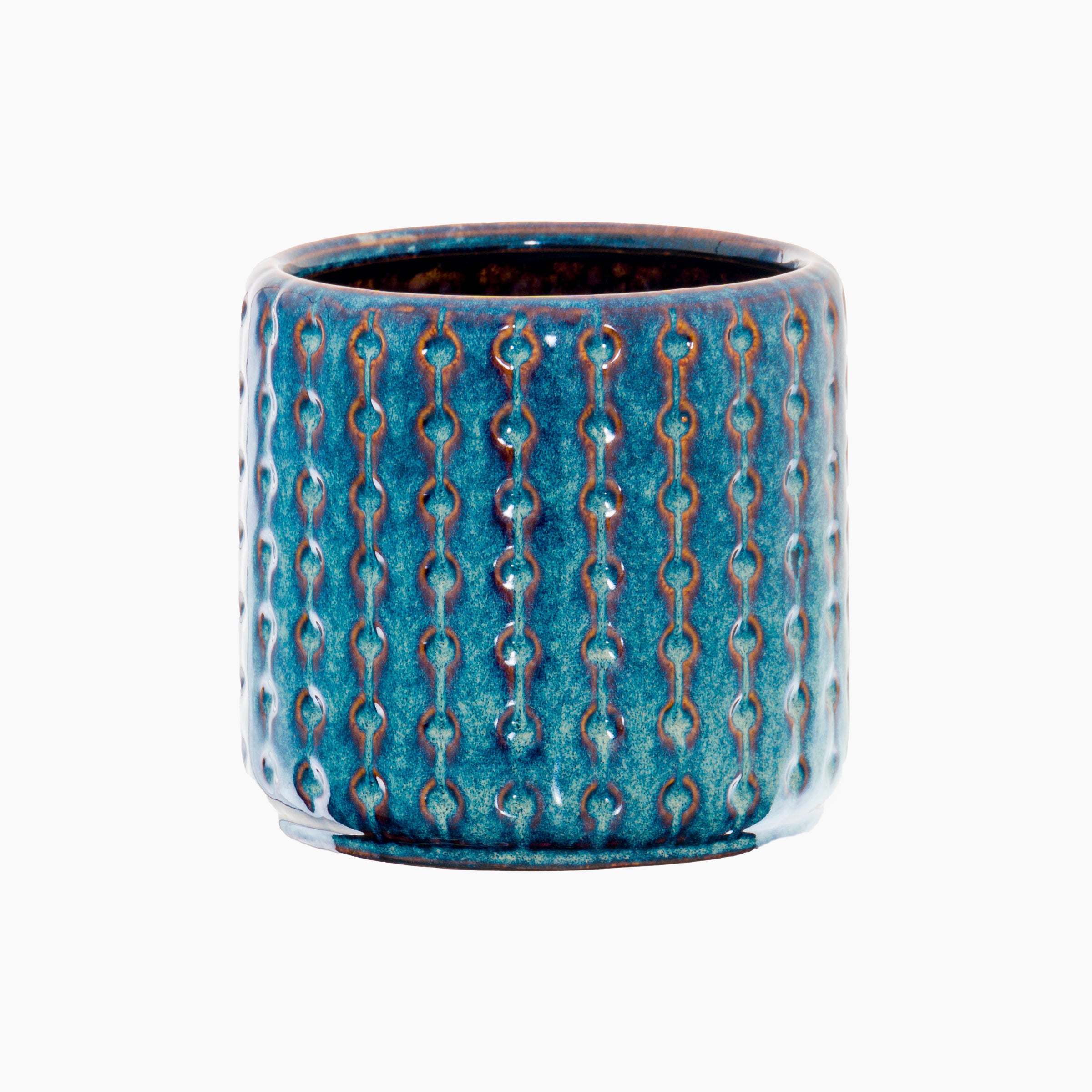 Front view of the Tarnley Embossed Ceramic Planter in verdigris blue glaze, showing its cylindrical shape, high-gloss finish, and raised vertical chain relief.
