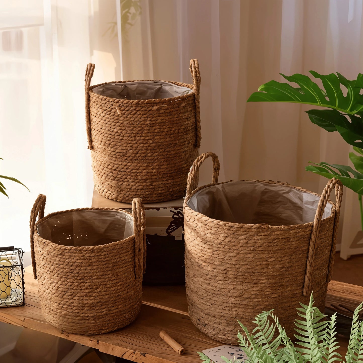 Three storage baskets/planters on a wooden desk with plants