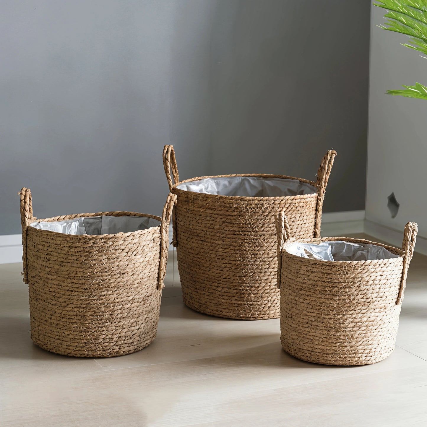 three differently sized rattan storage basket in light room with plants