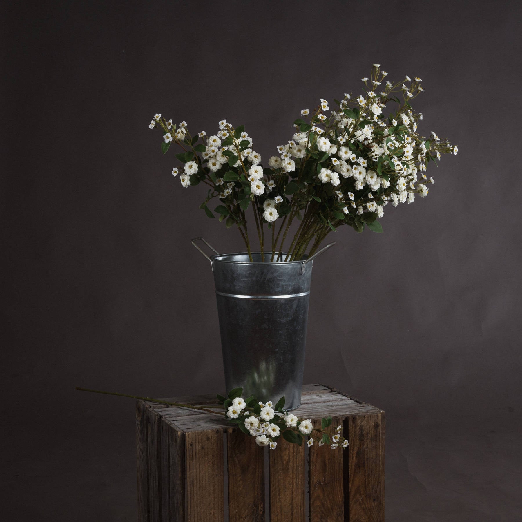 Multiple stems of White Wild Meadow Rose Faux Spray grouped in a vintage metal bucket atop a wooden crate against a dark backdrop.