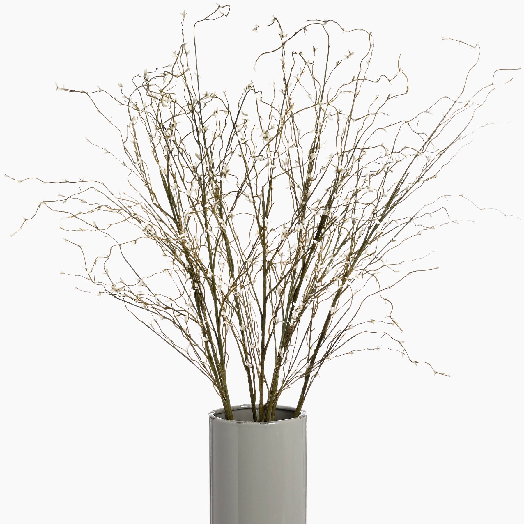White background product cutout of single faux white pussy willow spray with tall stem and soft white buds