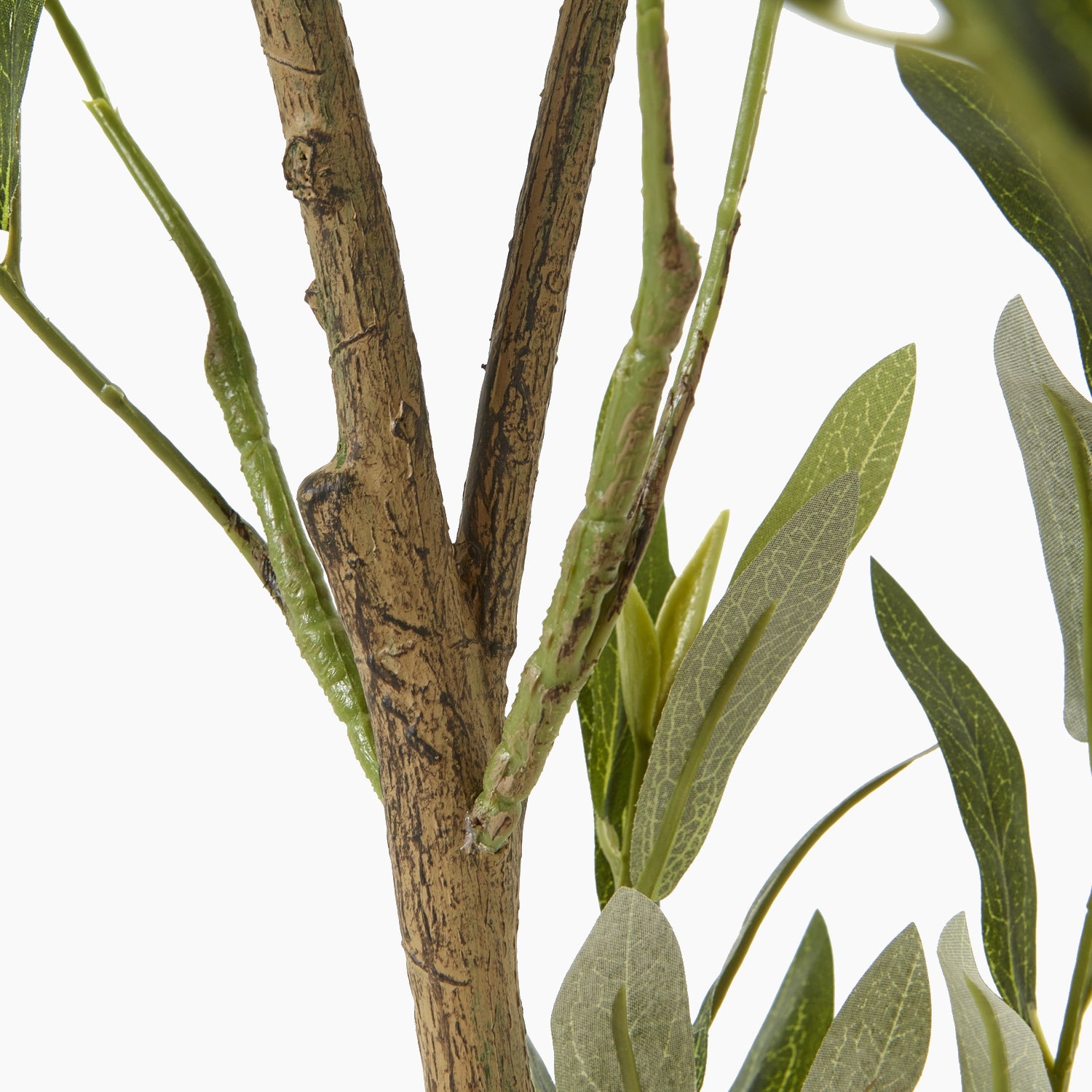 Close-up of faux olive leaves and bark-textured trunk with natural grey-green colour variation