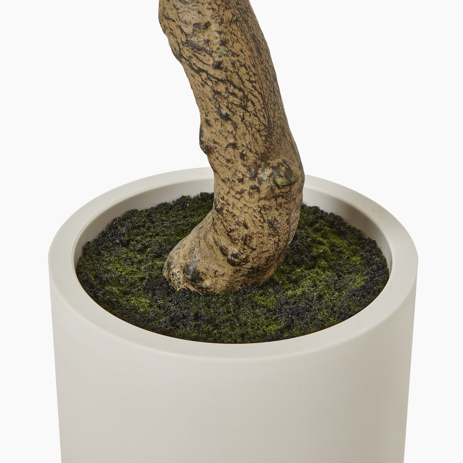 Angled view of tall faux olive tree showing textured trunk, sculptural form, and layered foliage in white pot
