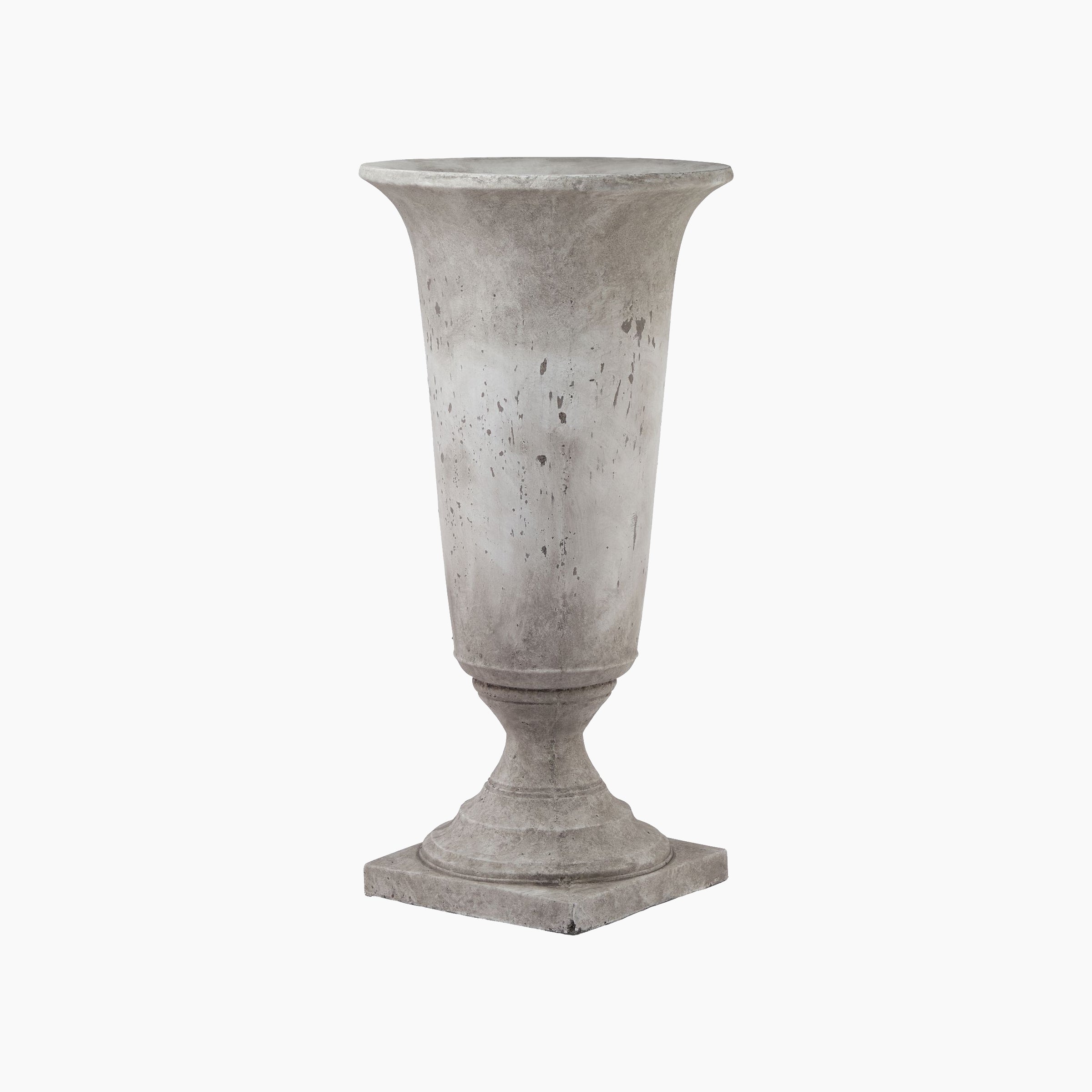 Tall stoneware urn planter in textured grey, photographed front-on against a soft white studio backdrop