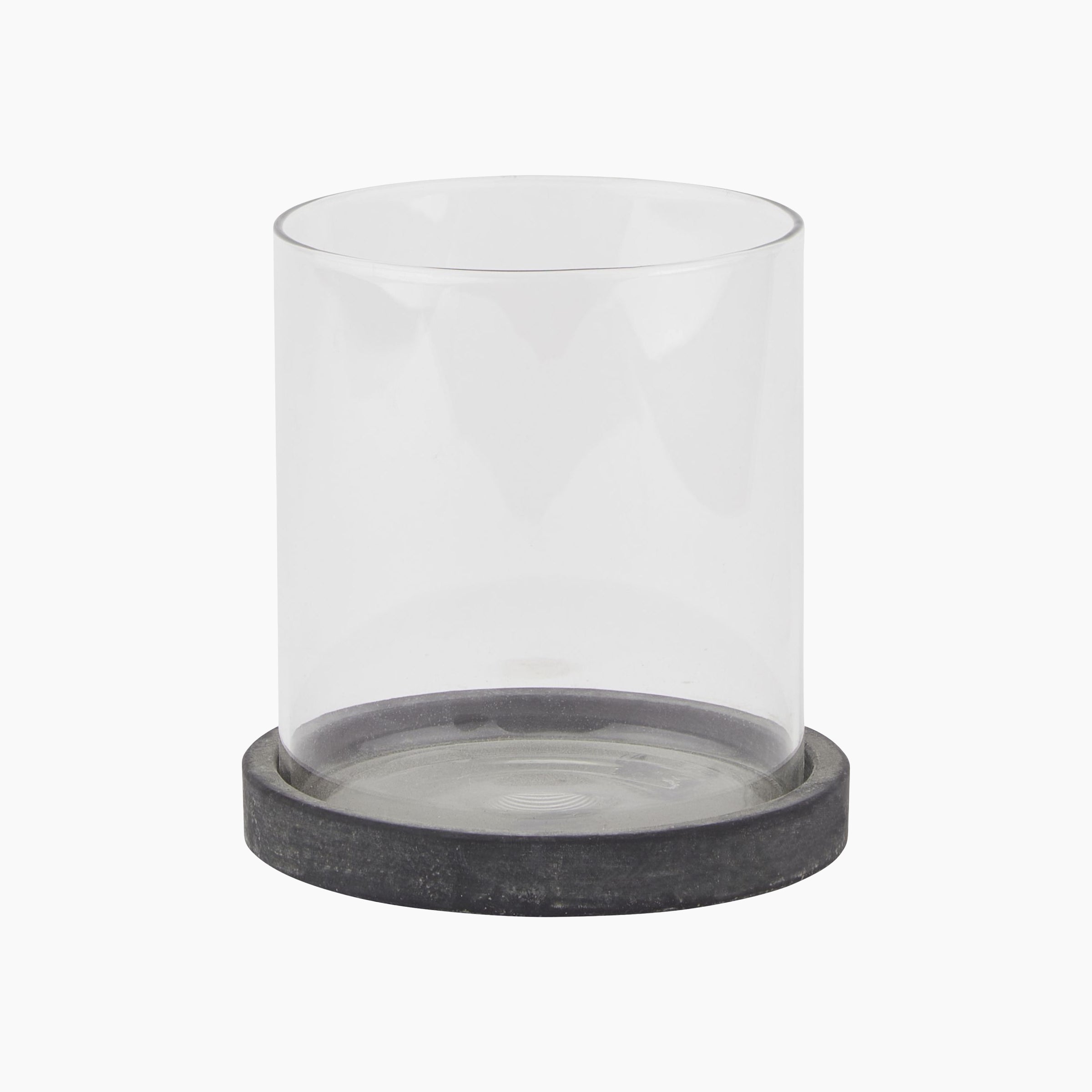 Front view of Ashbury grey glass hurricane lantern featuring a slate-effect ceramic base and metal carry loop