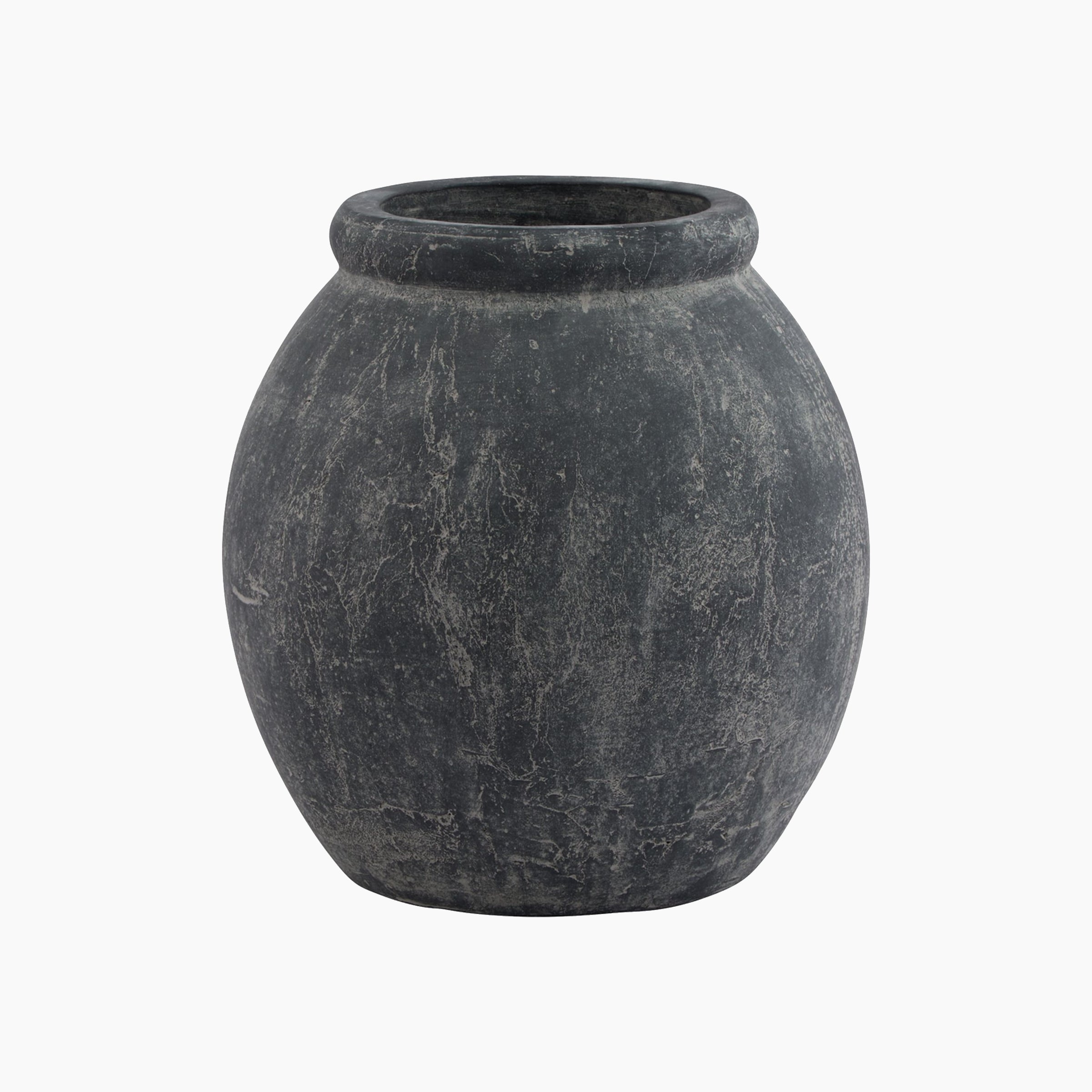 Front view of the Ashbury Slate Ash Jar Planter — a tall, rounded ceramic vessel with narrow neck and textured slate glaze, styled on a soft grey background.