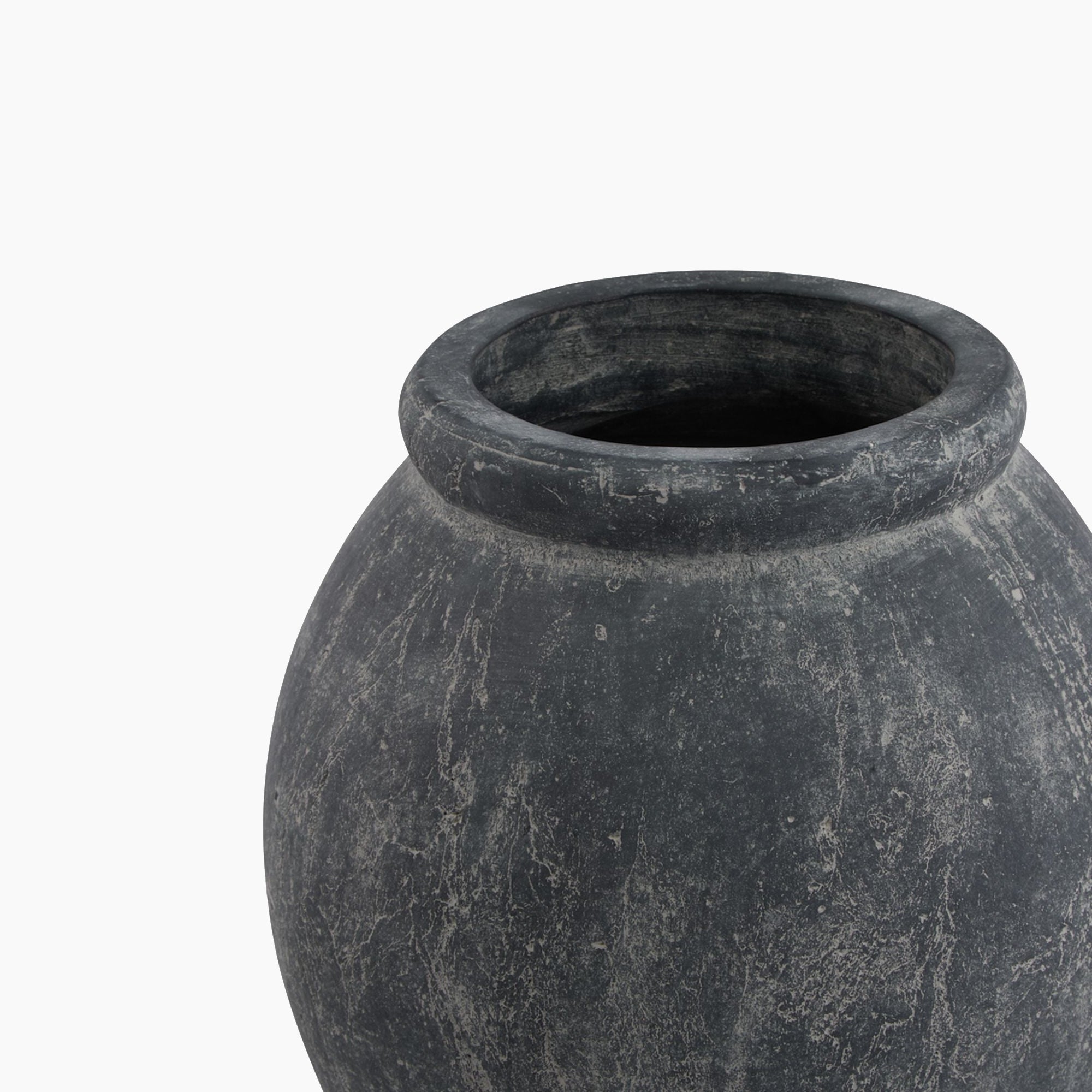 Top-down view of the Ashbury Slate Ash Jar Planter highlighting its narrow mouth and glazed ceramic rim in a muted slate finish, against a soft grey background.