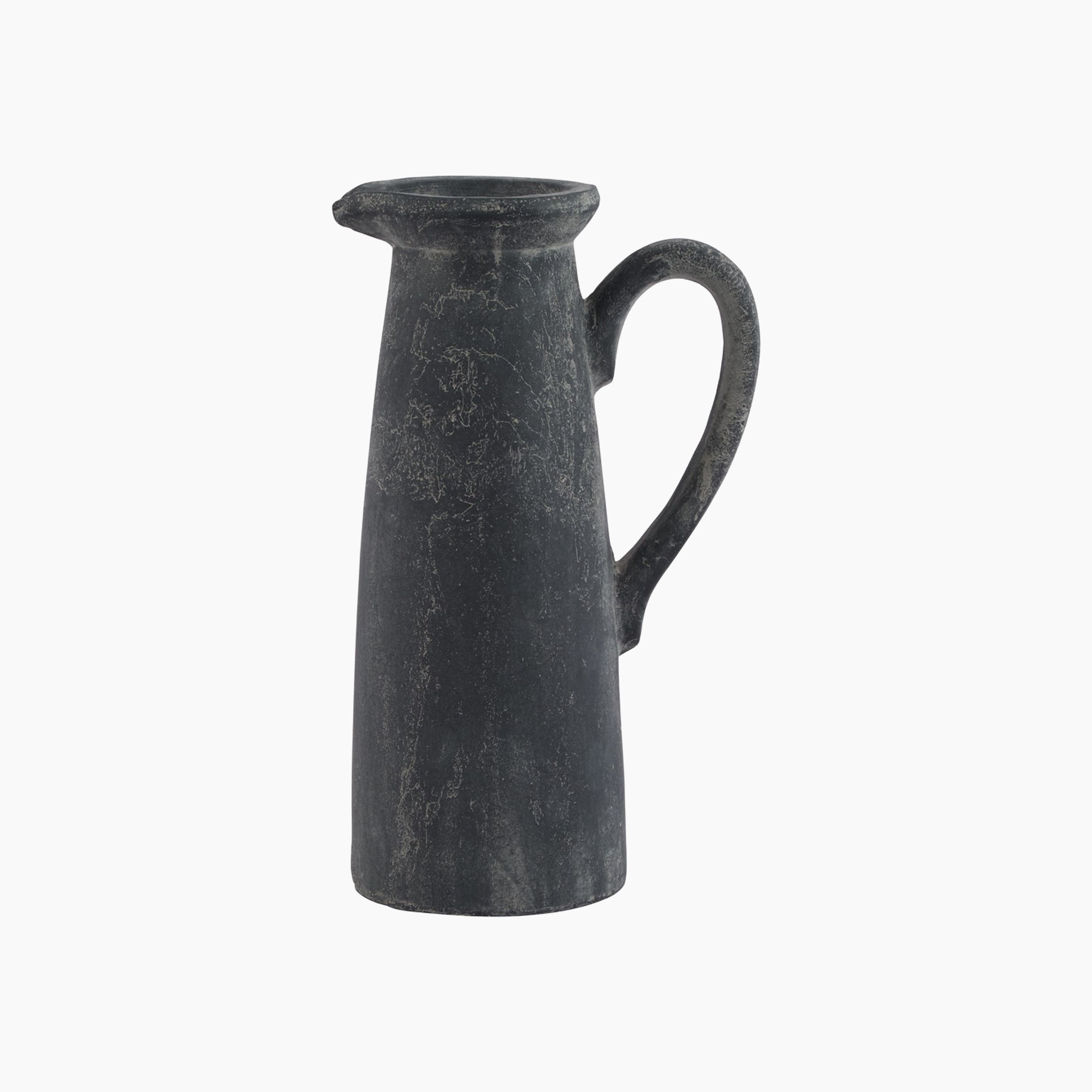 Ashbury stoneware jug vase in tall grey, 32cm, front view with handle.