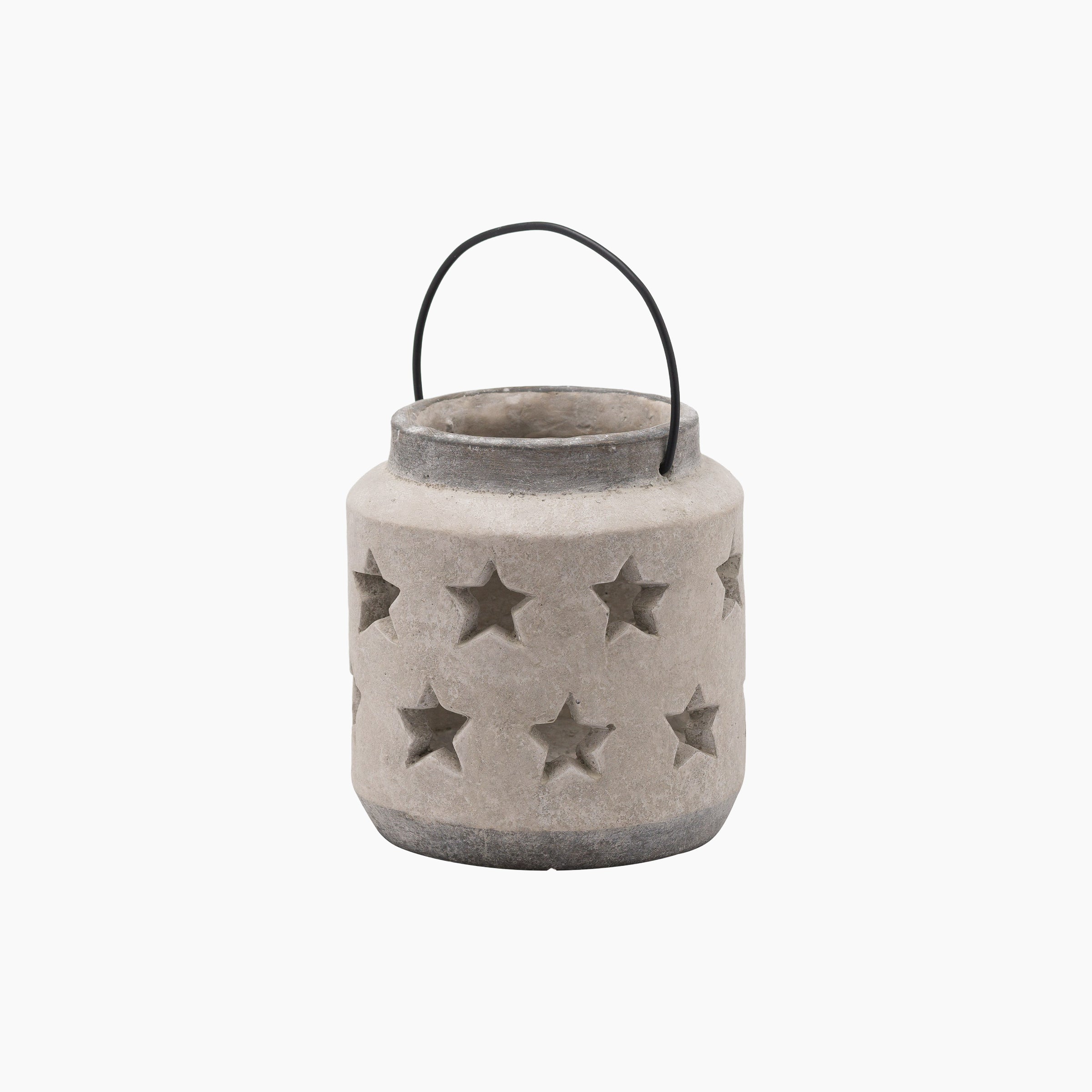 Front view of grey stone star lantern showing matte surface and star cut-outs