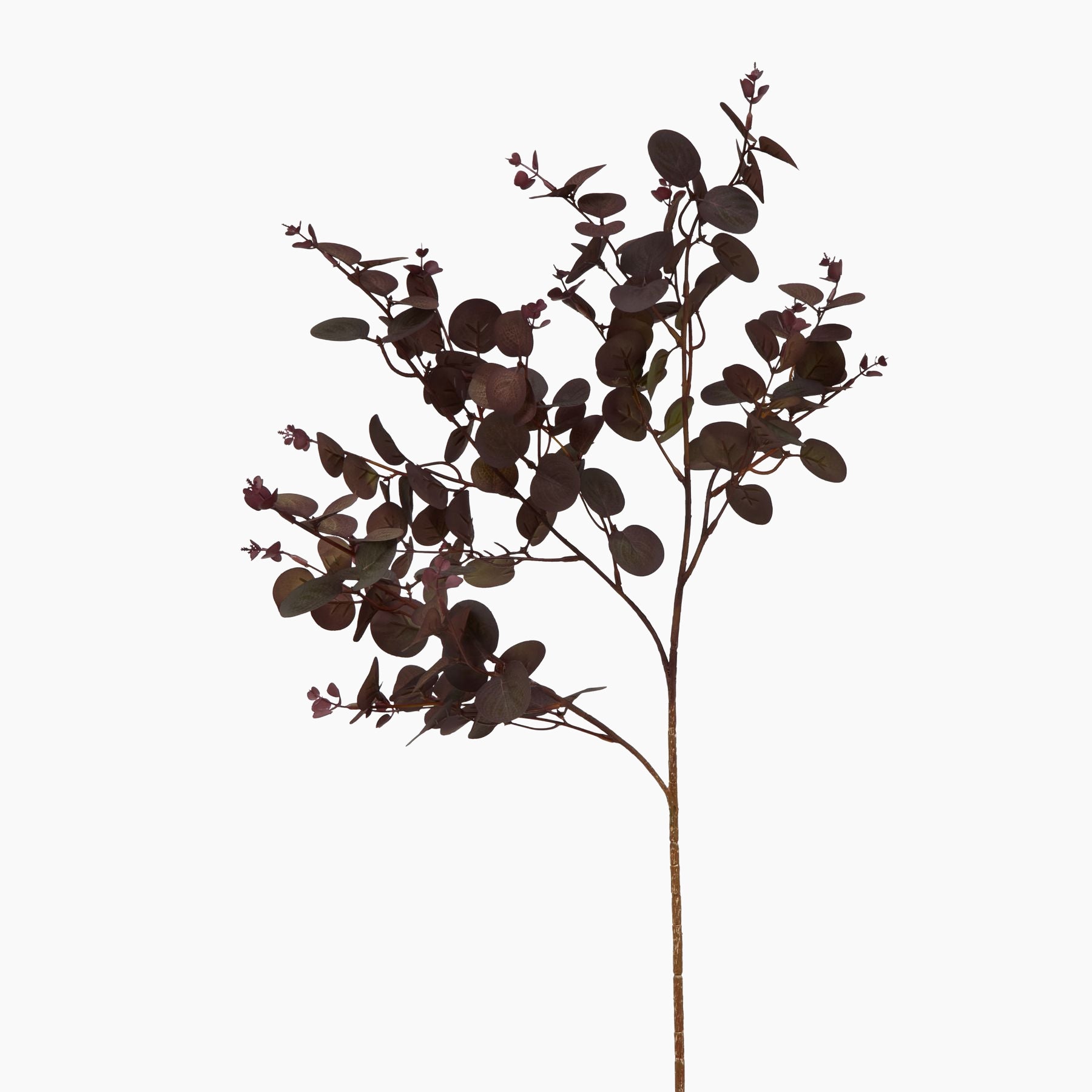 Close-up of burgundy eucalyptus faux bunch showing realistic leaf texture and detailed artificial stems for premium home decoration.