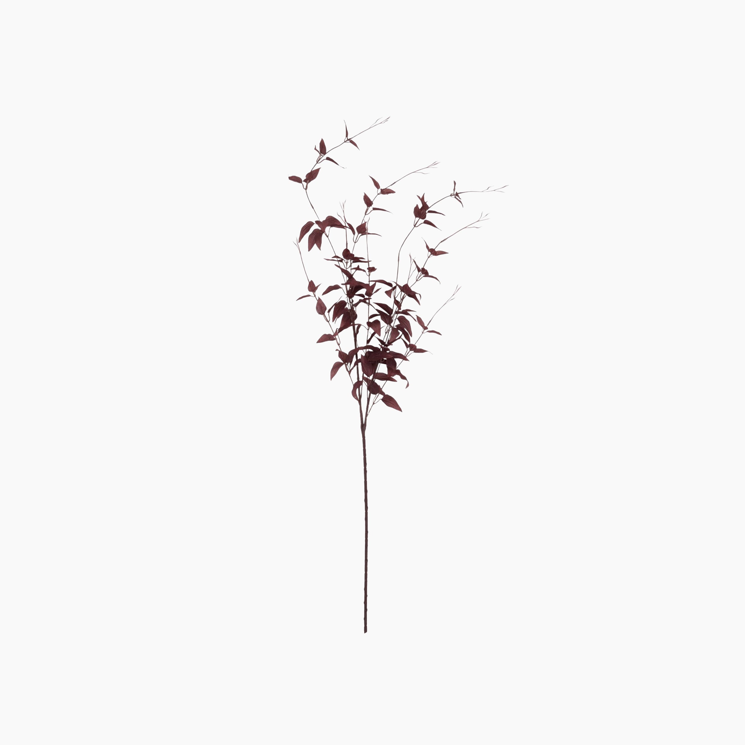 Front view of burgundy leaf faux branch with matte finish, lifelike artificial foliage for tall vases and minimalist interiors