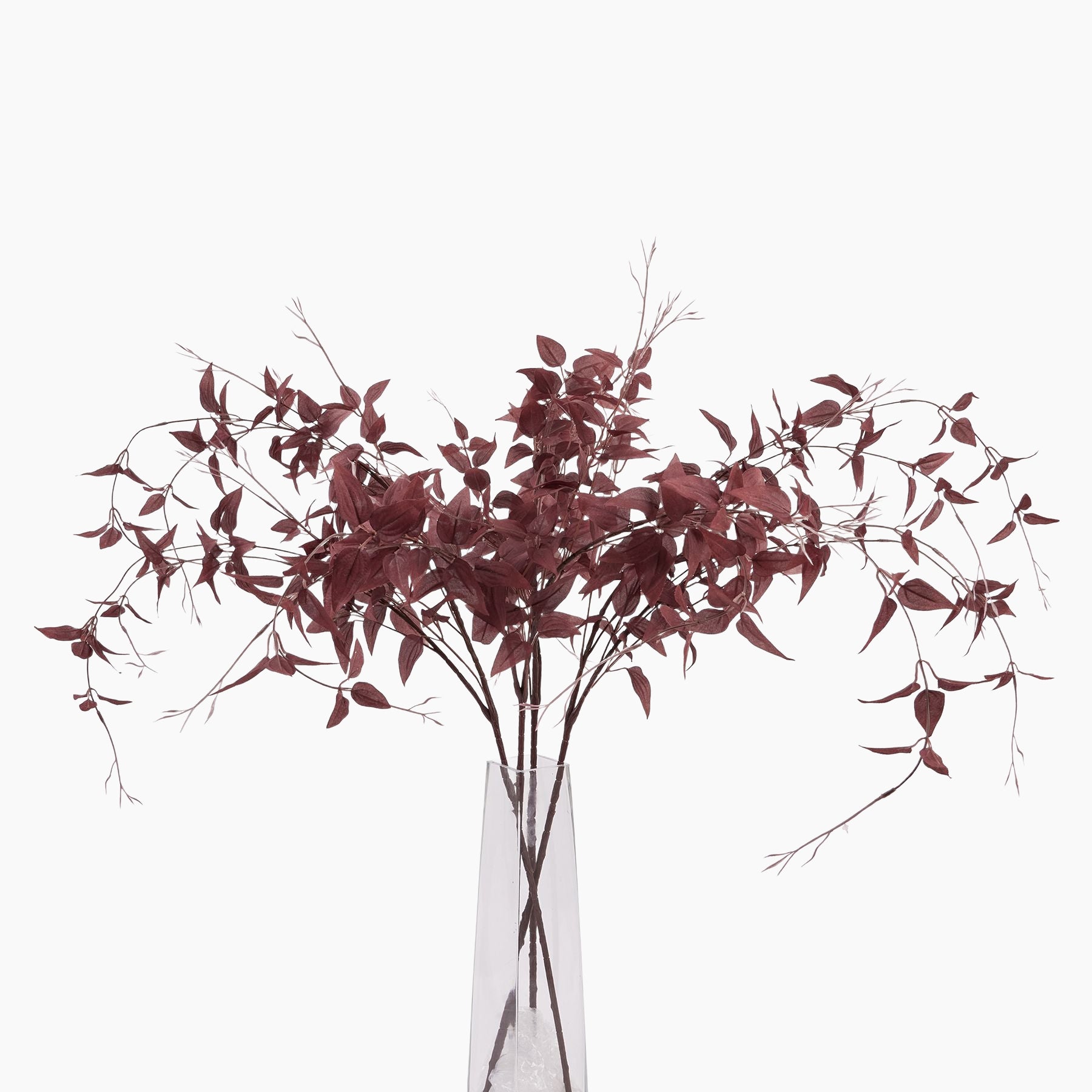 Full length view of burgundy leaf faux branch against neutral background, 92 cm tall lifelike artificial foliage stem