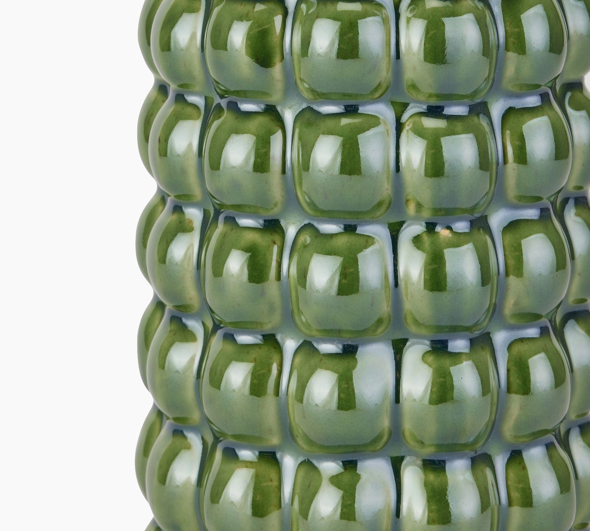 Top-down view highlighting the narrow neck and inner cavity of the olive green ceramic bubble vase