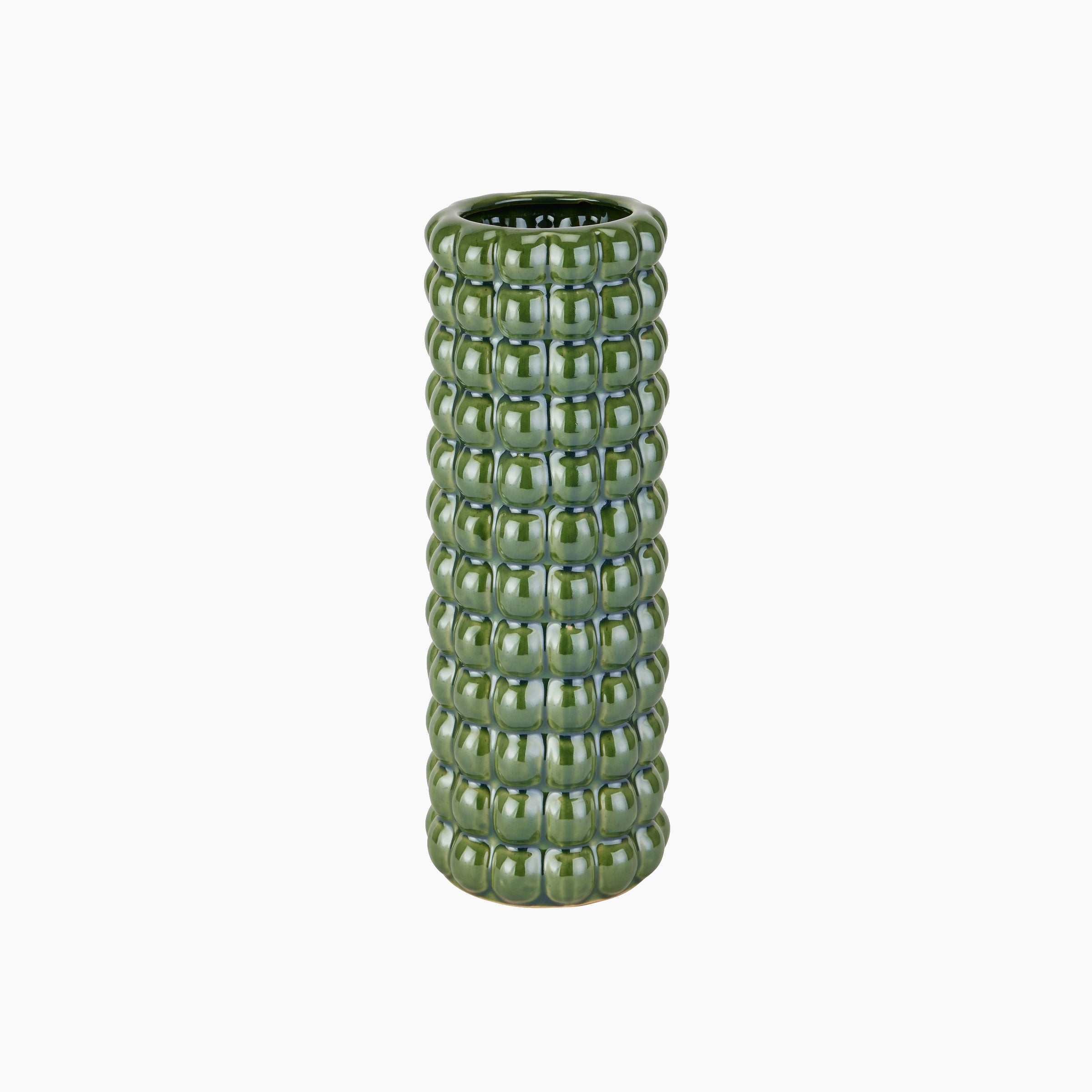 Front view of the Burwell Olive Ceramic Vase with tall column shape and bubbled olive green glaze