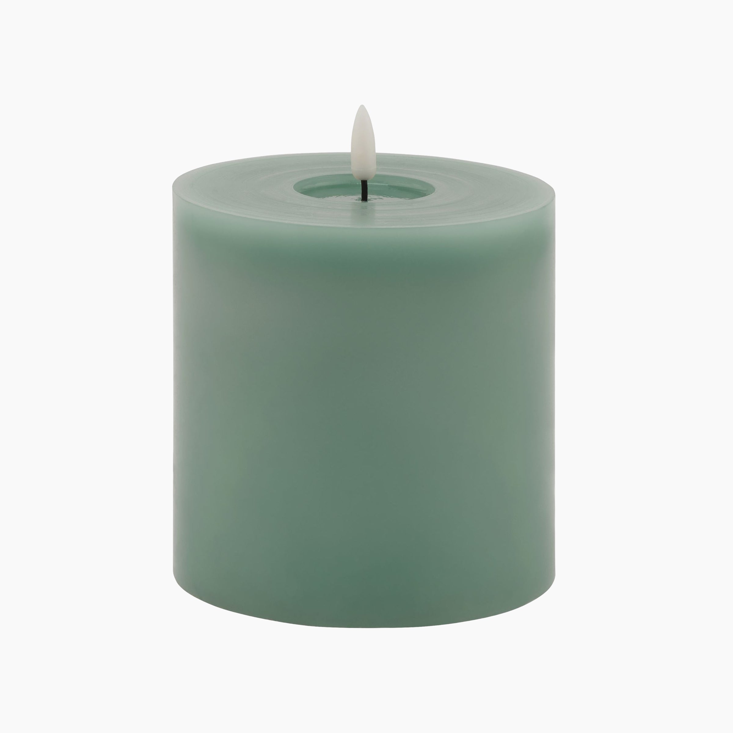 Christie's Signature Sage Wide LED Candle – wide cylindrical green wax candle with realistic melted edge and glowing flame