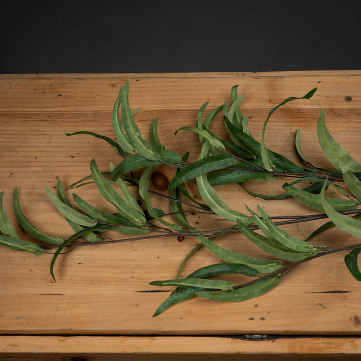 Eucalyptus Nicholii Faux Foliage Spray stem laid horizontally on weathered timber, showcasing the lifelike texture and craftsmanship of the foliage.