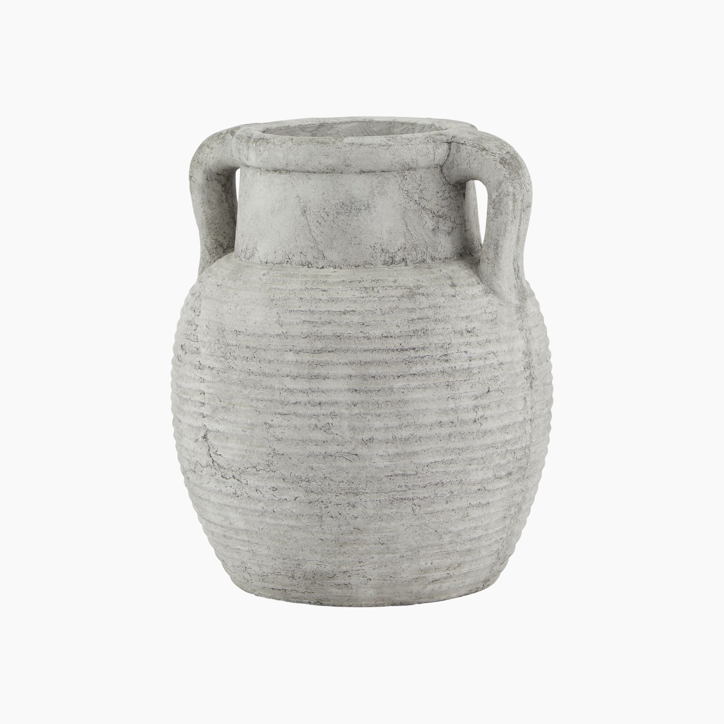 Halden amphora stoneware vase in stone-grey, 27cm, front view with handles.
