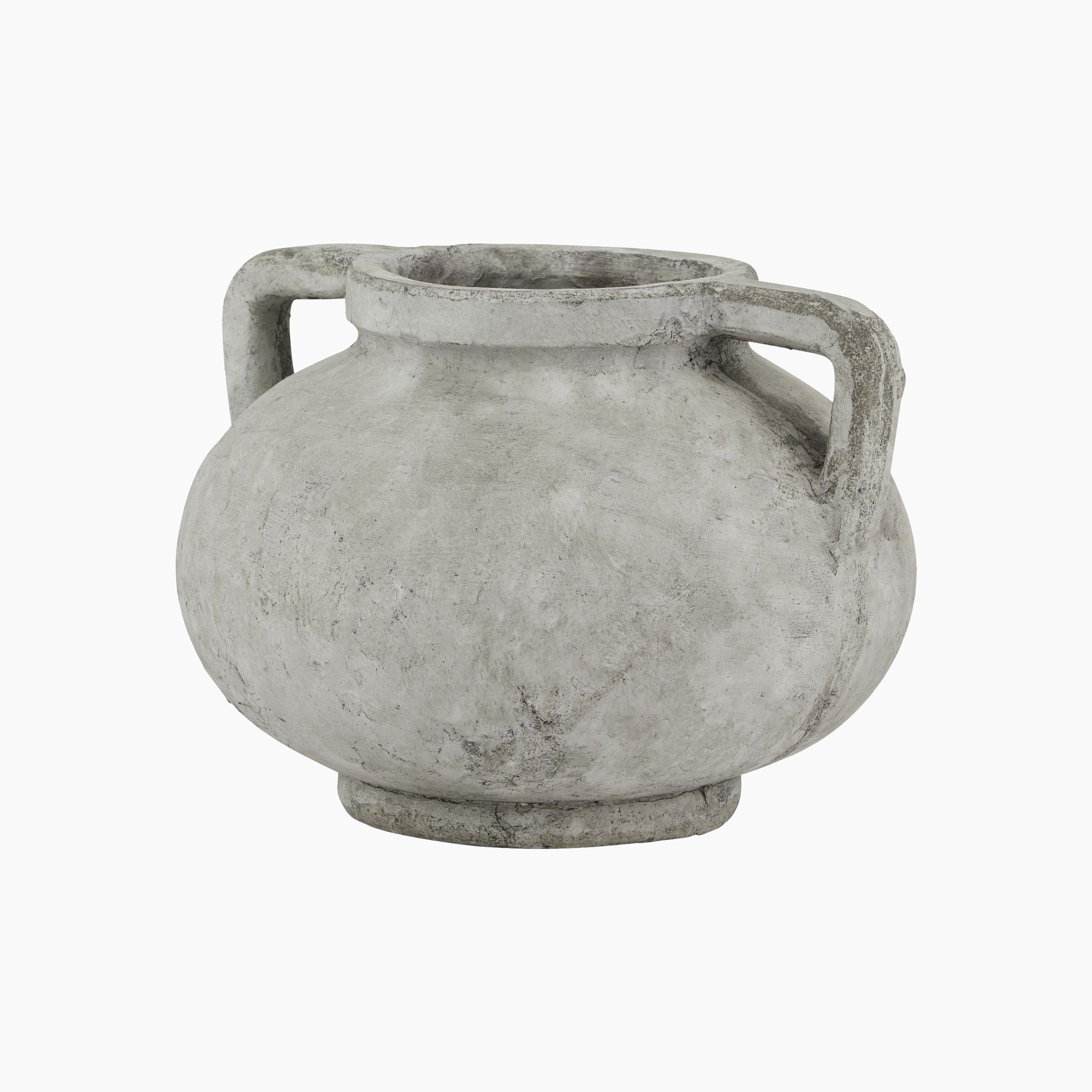 Front-facing view of the Halden Compact Stoneware Planter in unglazed concrete grey finish – a sculptural amphora form designed for indoor display.