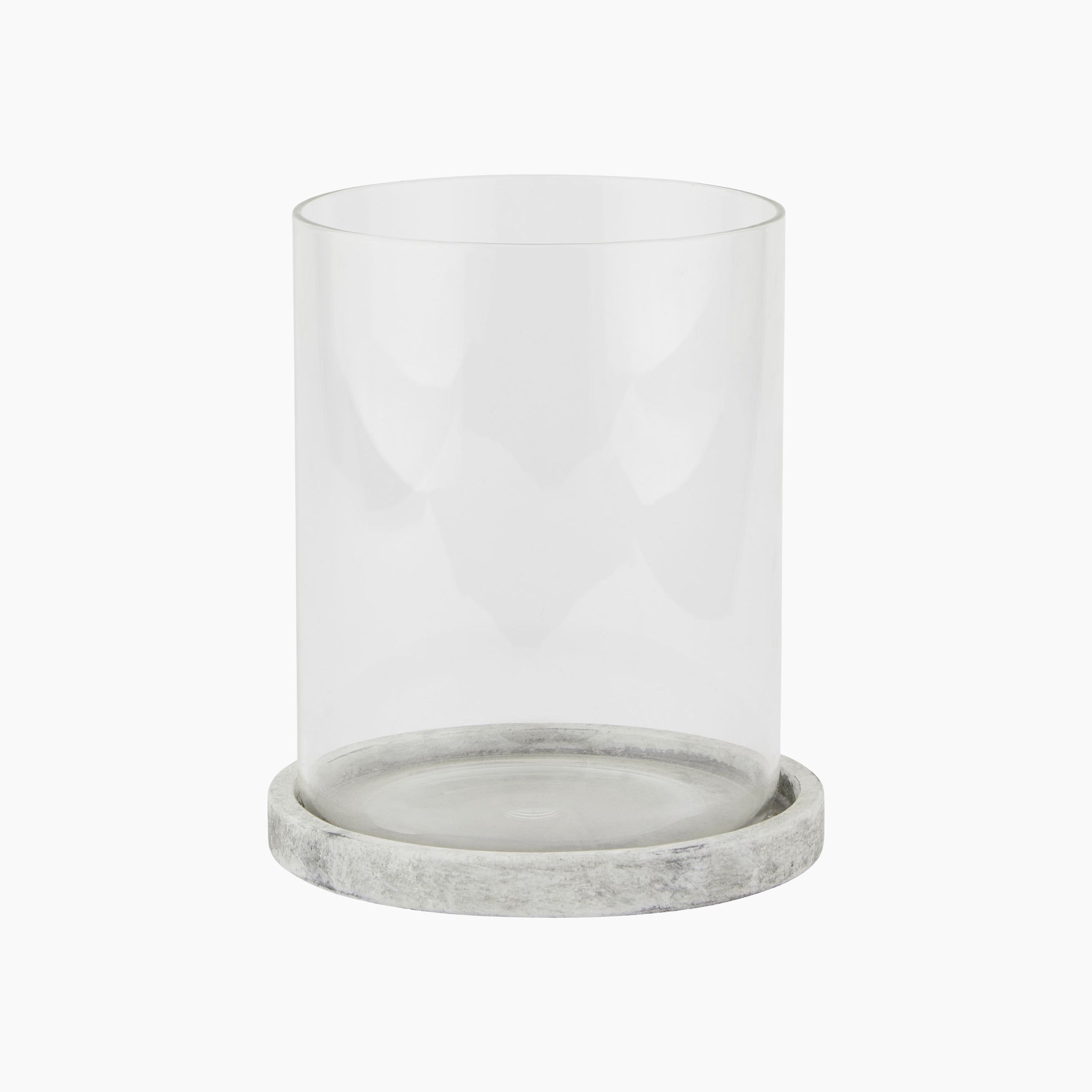 Halden Large Hurricane Lantern with clear cylindrical glass and smooth grey concrete base, shown front-on for size and finish detail
