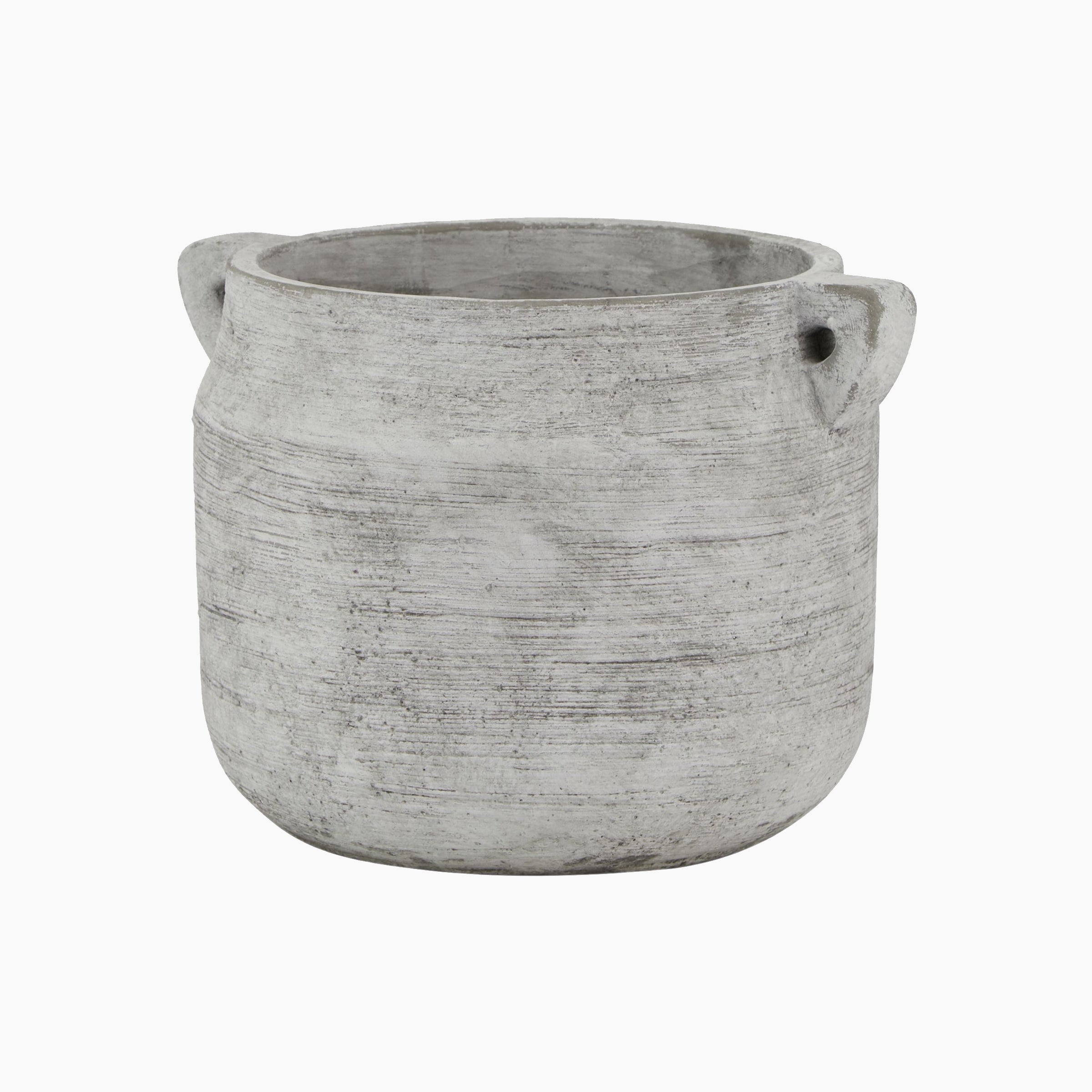 Front-facing view of the Halden Utility Stoneware Planter — a compact, tapered stoneware vessel in raw concrete grey, designed with brutalist architectural influence.