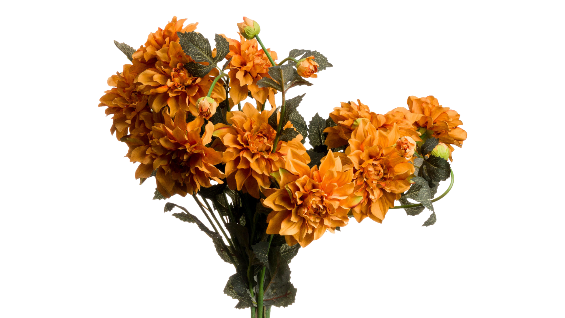Cluster of faux orange dahlia flower stems with green leaves, styled as bold artificial flowers for modern interior design
