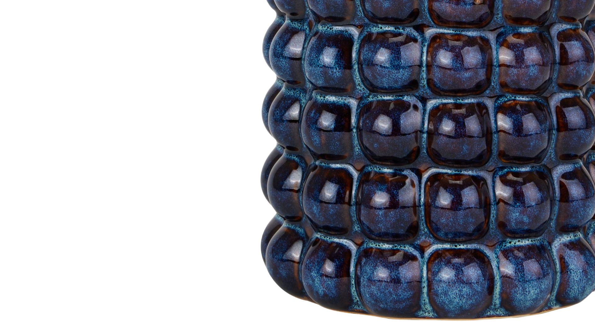 Gloss-glazed ceramic bobble vase in deep blue, photographed on white for sculptural and modern interior appeal
