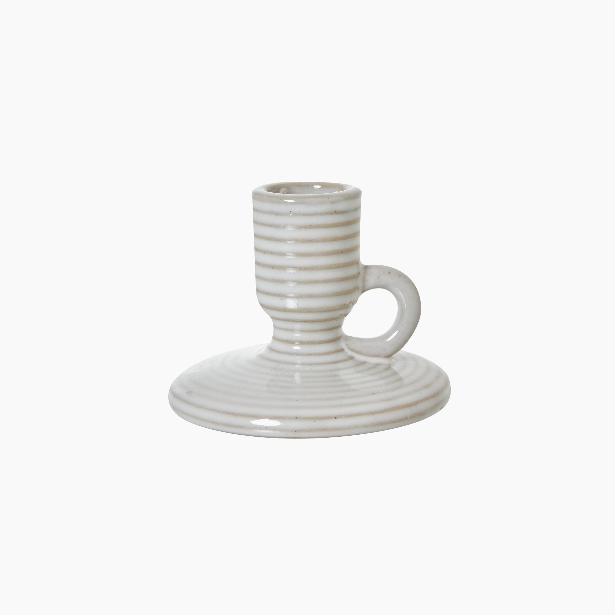 Front view of the Kelby Taper Ceramic Candle Holder in soft cement white with handle and ridged detail
