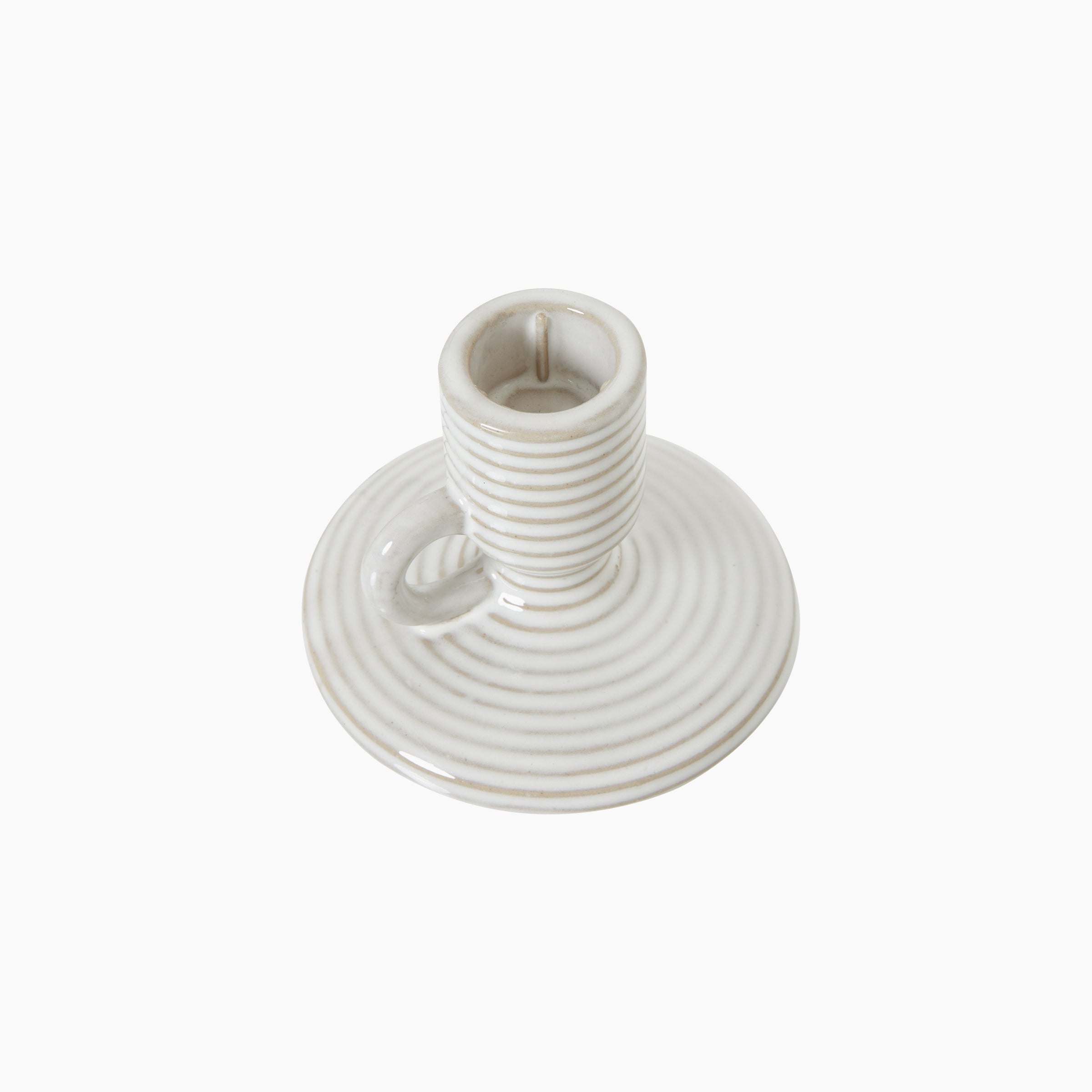 Top-down view of Kelby Candle Holder showing taper chamber and loop handle in textured stoneware finish
