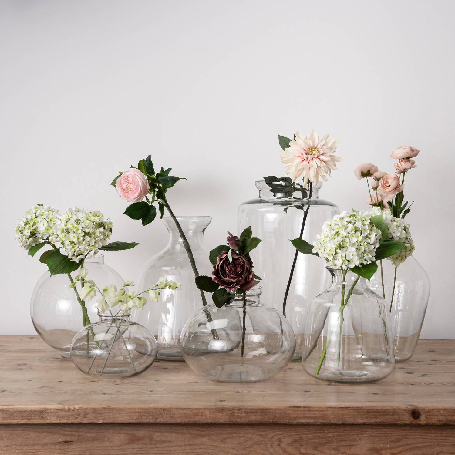 Large Hydria Glass Vase – hand-blown clear glass vase with wide base and tapered neck, ideal for pampas grass, hydrangeas, and tall faux stems.
