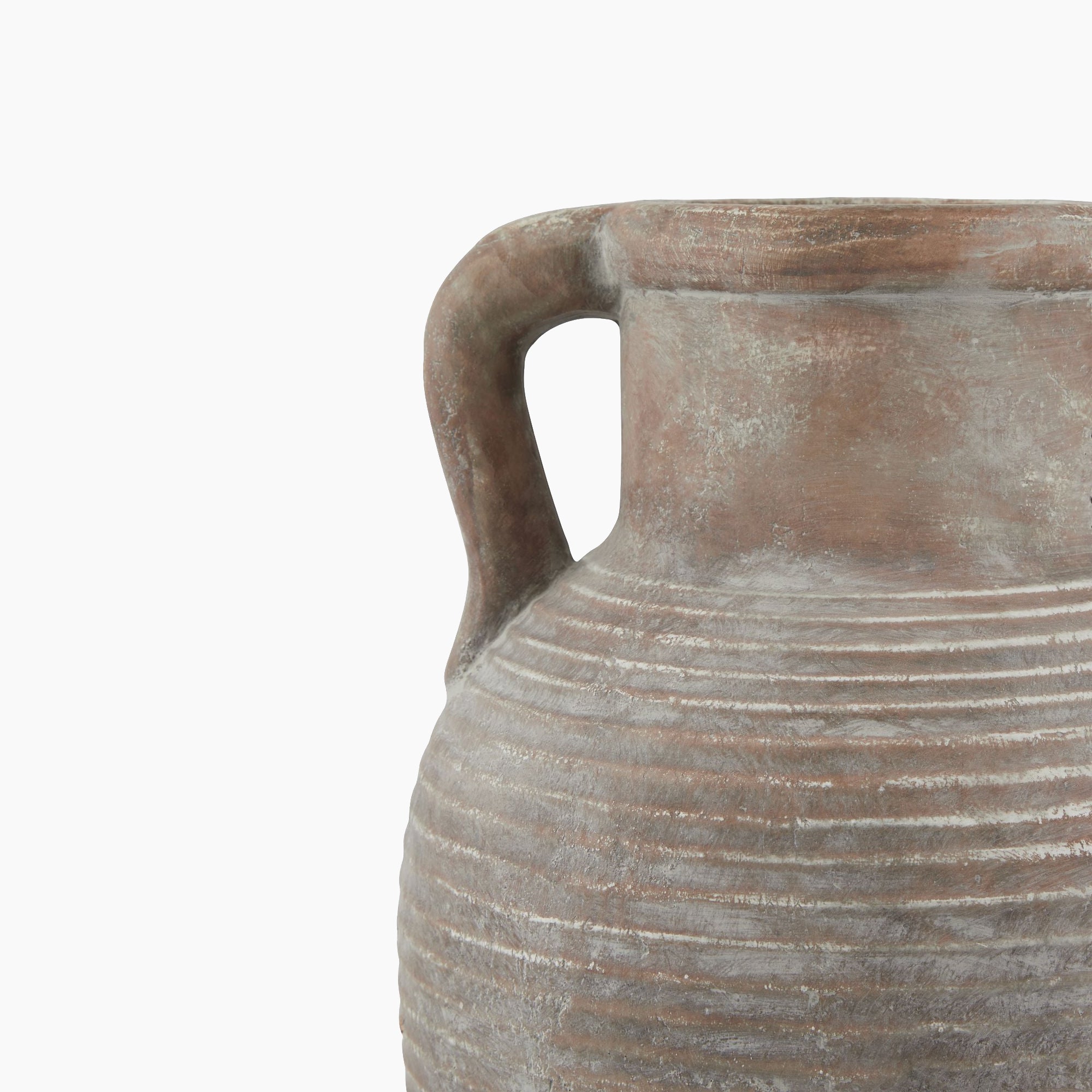 Side profile of the Lowther Brown Amphora Planter revealing its elongated body and double-handled amphora silhouette in raw-textured brown ceramic.