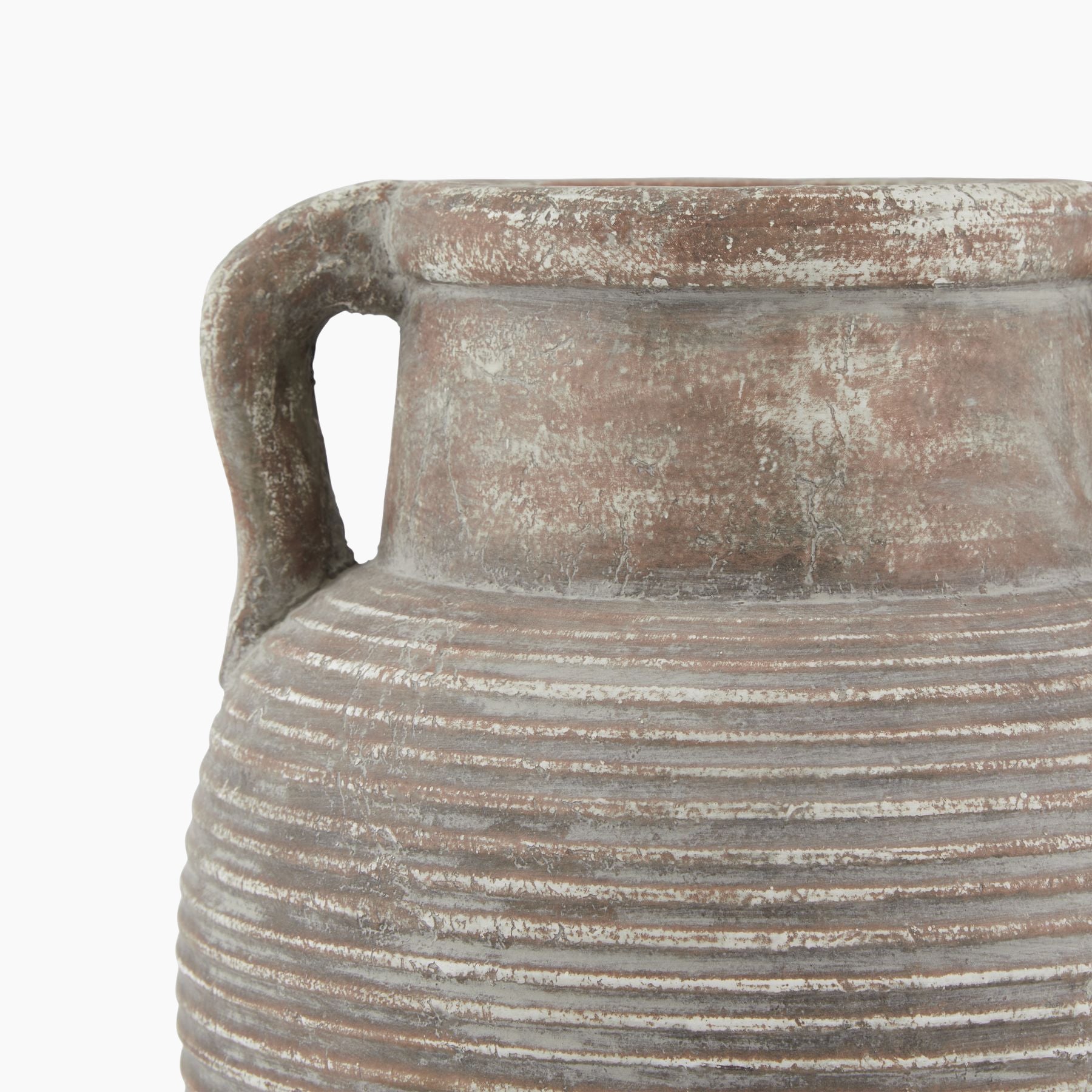 Side view showing the amphora handles and curved form of the Lowther Stoneware Vase in clay brown.