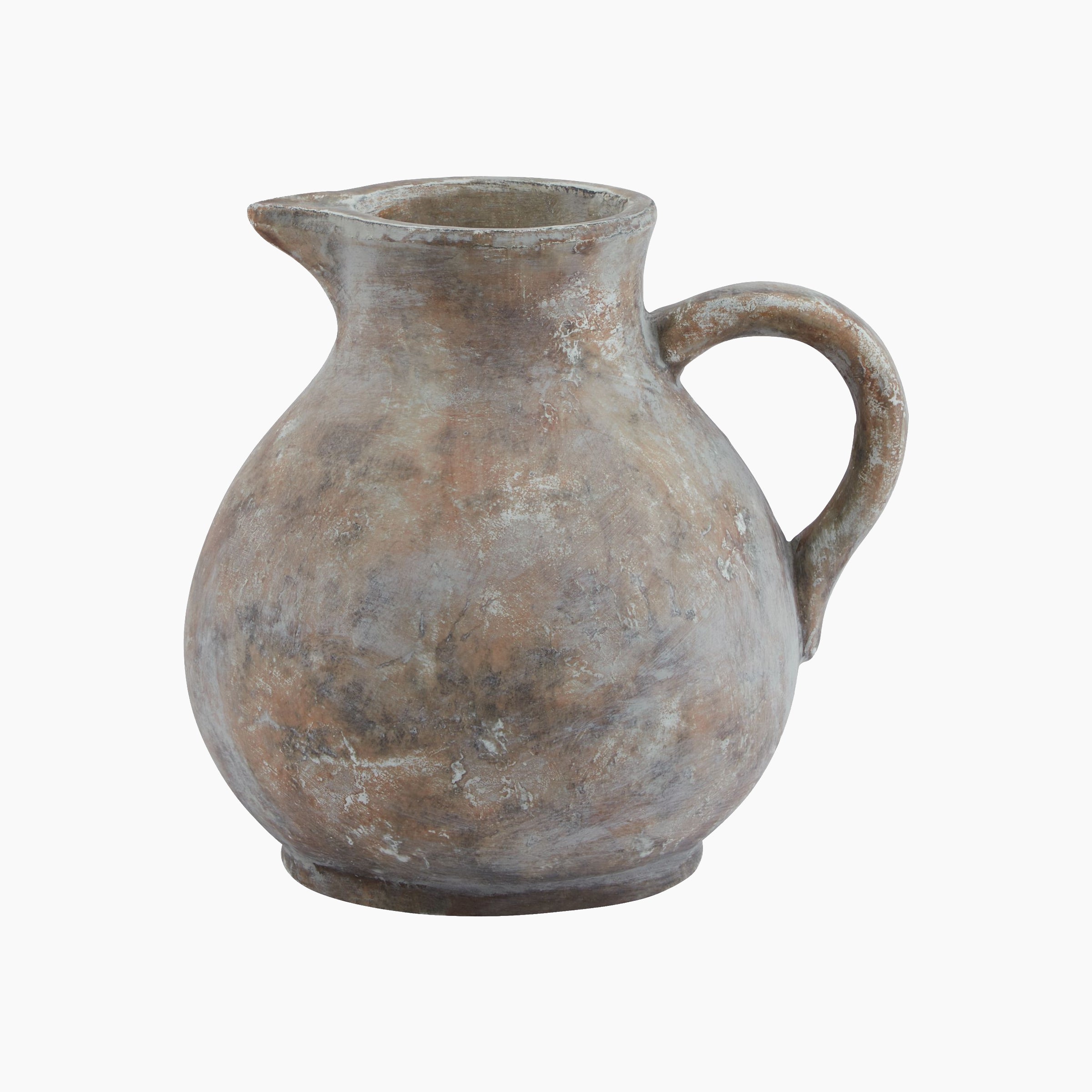Front view of the Lowther Brown Ceramic Jug with distressed glaze and sculptural handle, shown against a light backdrop