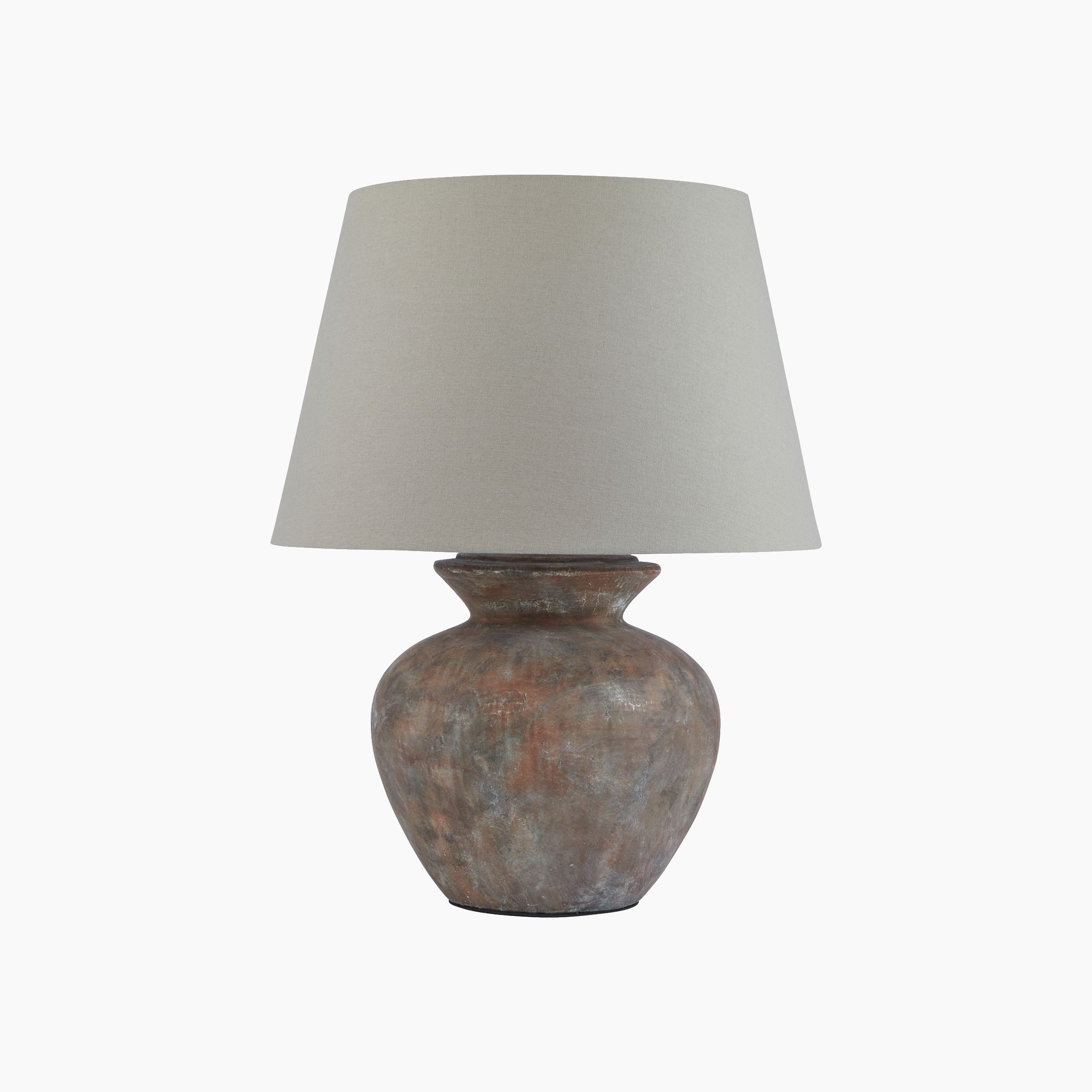 Front view of stone-effect brown ceramic table lamp with oatmeal linen shade